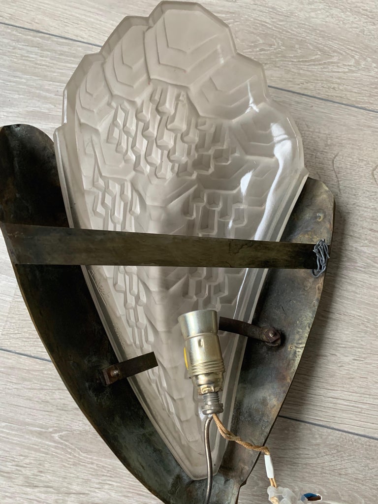 Large and Stylish Pair of Art Deco Bronze & Glass Wall Sconces / Light Fixtures For Sale 9
