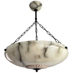 Large & Stylish White & Black Art Deco Alabaster Pendant Light / Chandelier 1920