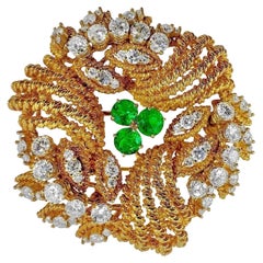Large Stylized 18k Yellow Gold Brooch with Vivid Emeralds and Fine Diamonds