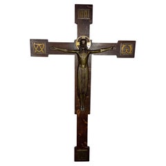 Large Stylized Arts & Crafts Quarter sawnOak and Cast Bronze Crucifix  52" x 32"