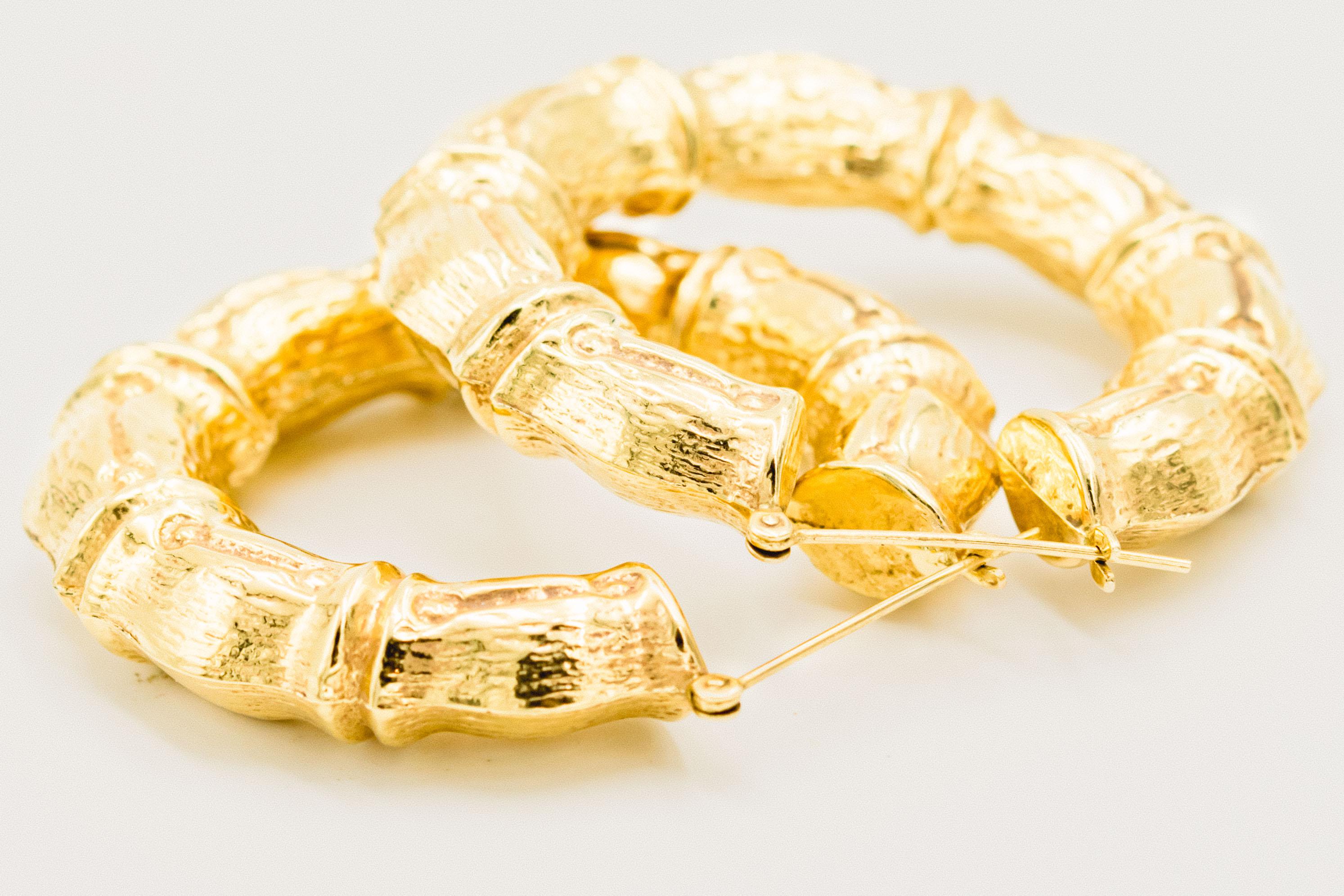 Women's or Men's Large Stylized Bamboo Gold Hoop Earrings For Sale