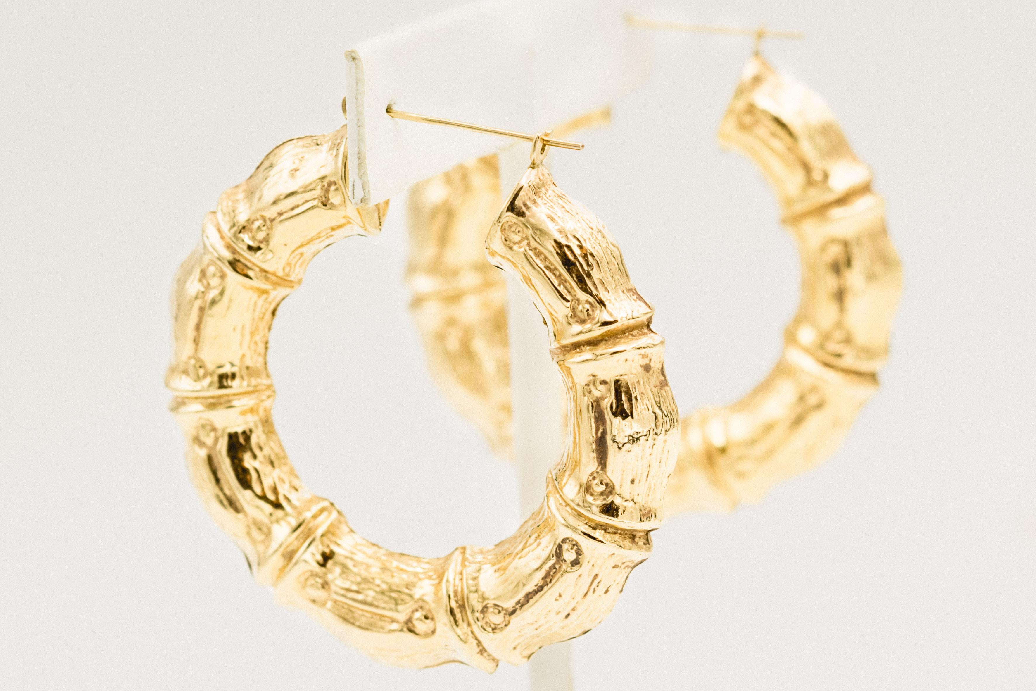 Large Stylized Bamboo Gold Hoop Earrings For Sale 1