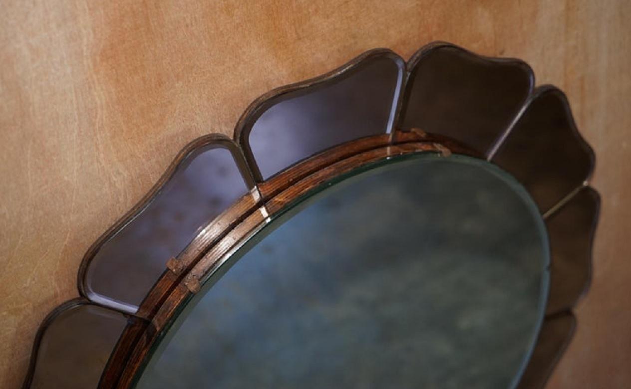 Large Sublime 1930's Art Deco Peach Glass Bevelled Venetian Round Petal Mirror For Sale 1