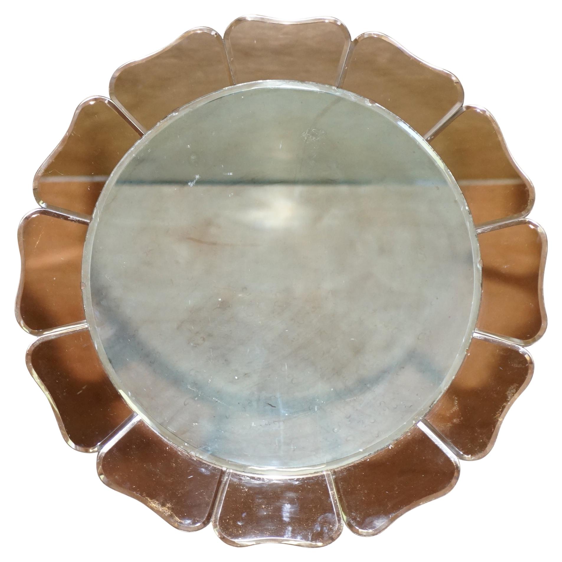 Large Sublime 1930's Art Deco Peach Glass Bevelled Venetian Round Petal Mirror