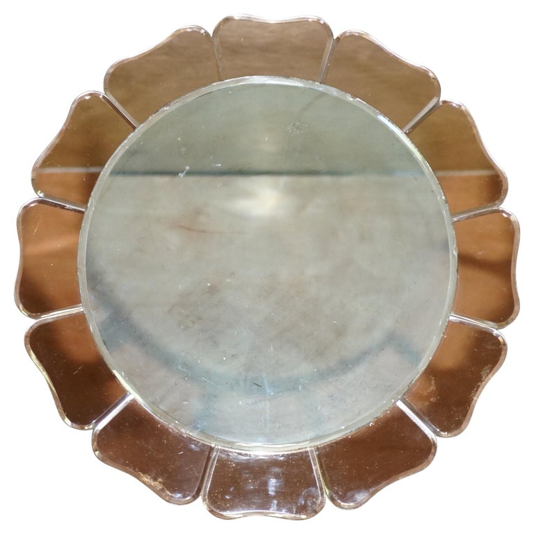 Large Sublime 1930's Art Deco Peach Glass Bevelled Venetian Round Petal Mirror For Sale