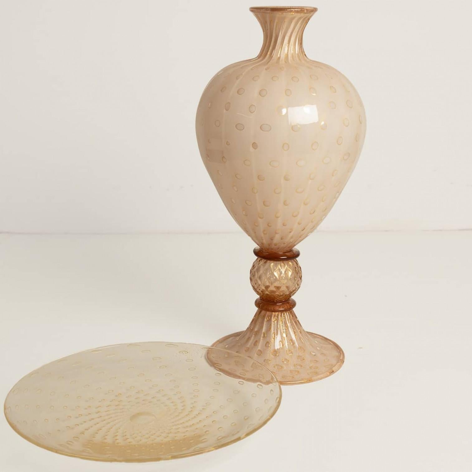 Vaso e piatto grande con piede in rosa cipria sommerso di Murano, Pallottoliere In condizioni ottime in vendita a Rijssen, NL