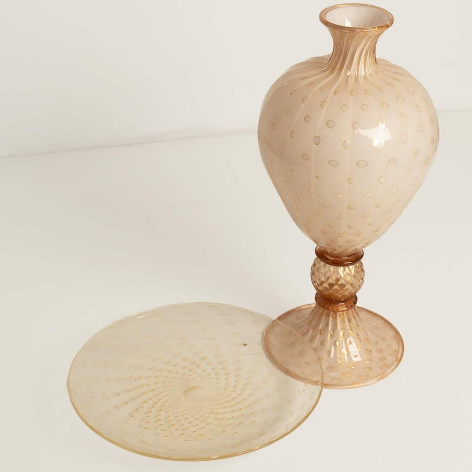 Gran Jarrón y Plato con Pie de Crema Rosa Sumergido-Balloton, Murano Cristal de Murano en venta
