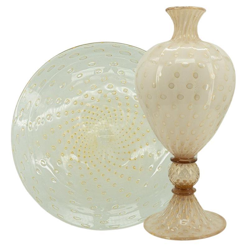 Vaso e piatto grande con piede in rosa cipria sommerso di Murano, Pallottoliere in vendita