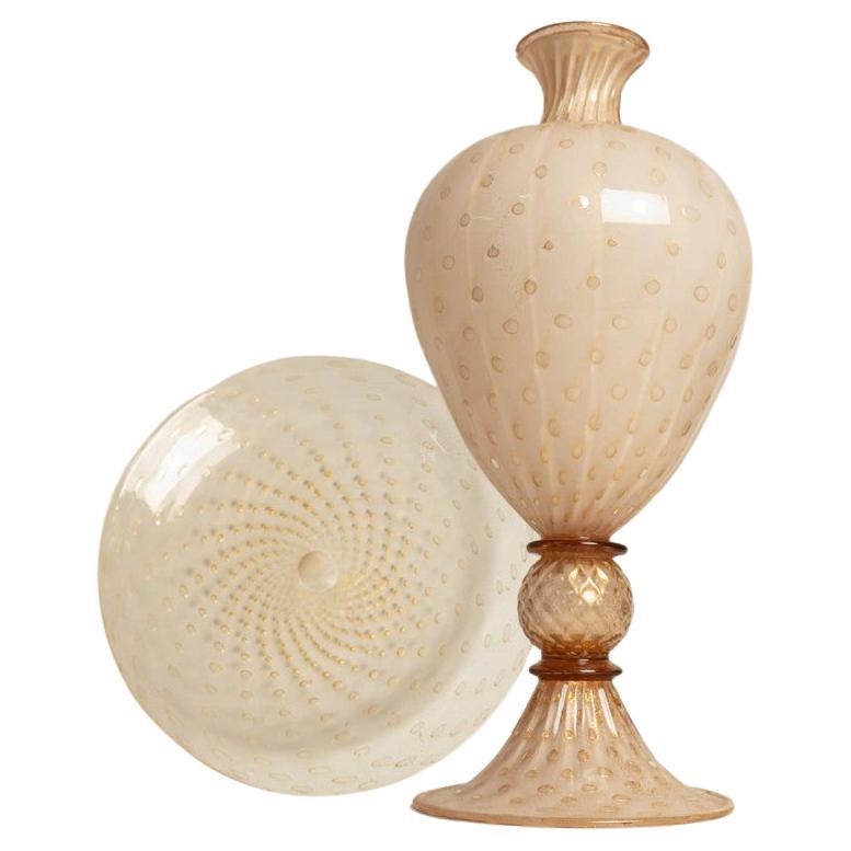 Gran Jarrón y Plato con Pie de Crema Rosa Sumergido-Balloton, Murano en venta