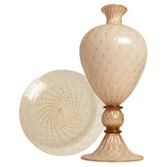 Vaso e piatto grande con piede in rosa cipria sommerso di Murano, Pallottoliere