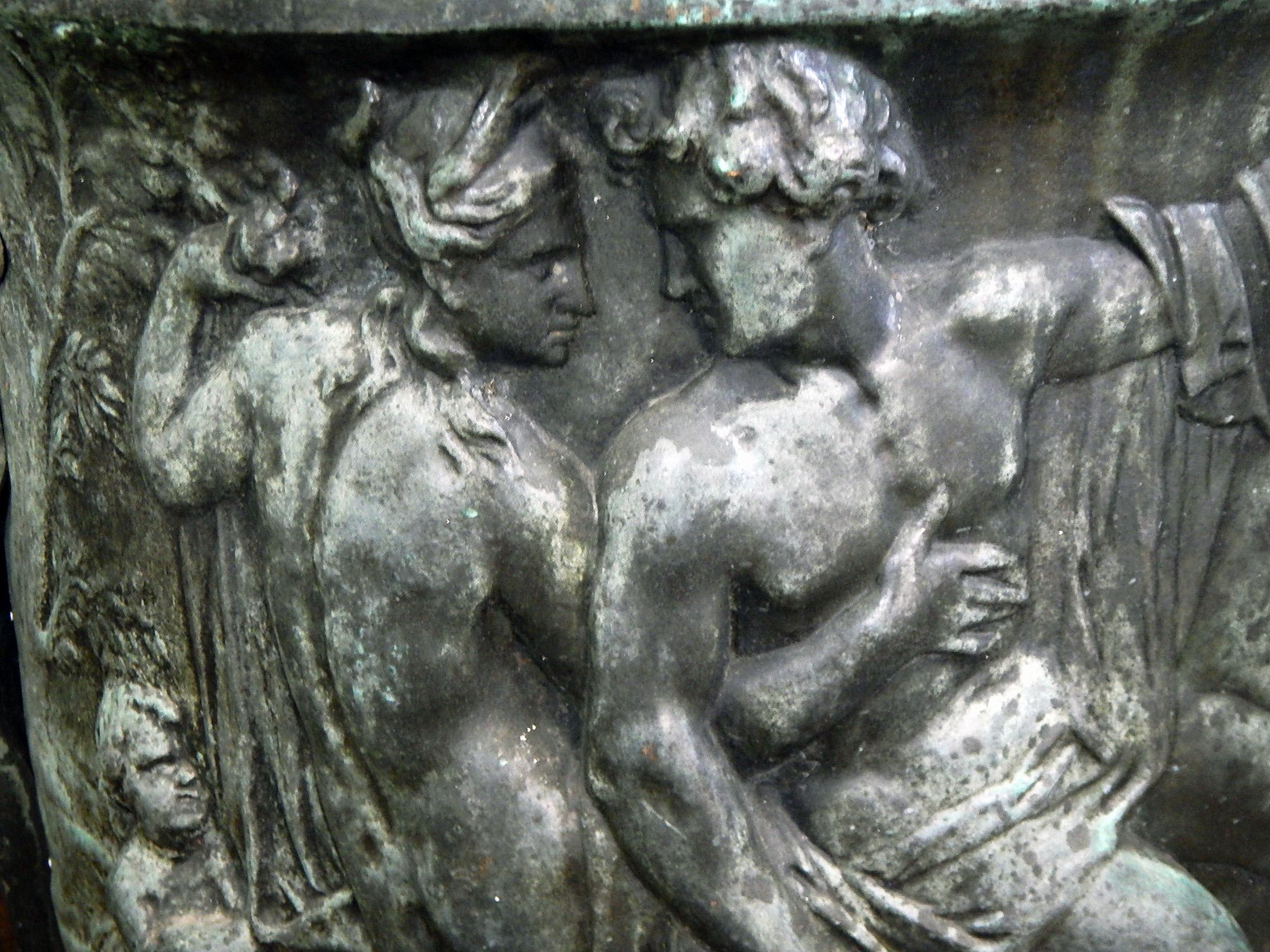 Belle Époque Large, Substantial Bronze Urn with Mythological Figures in Bas Relief For Sale