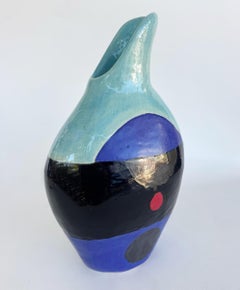 Large Substantial Modernist Studio Pottery Vase with Spout, Seafoam, Blue, Black