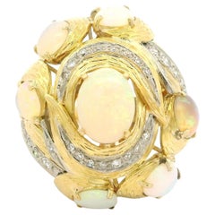 Large Substantial Yellow Gold Opal & Diamond Textured Statement Cocktail Ring