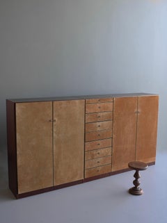 Large Suede and Meranti Highboard Cabinet with Brass Details, Italy 1970's