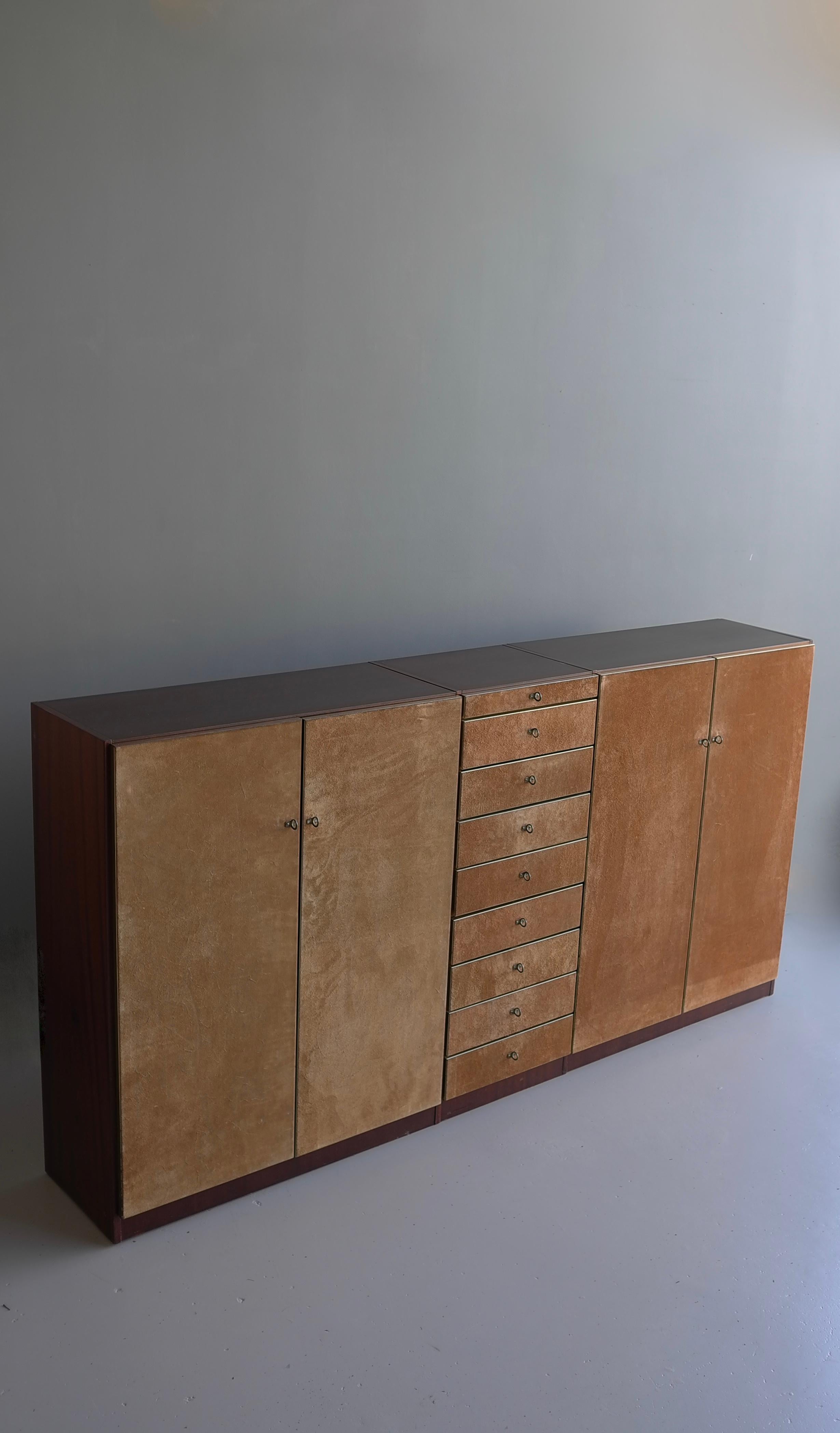 Mid-Century Modern Large Suede and Meranti Highboard Cabinet with Brass Details, Italy 1970's