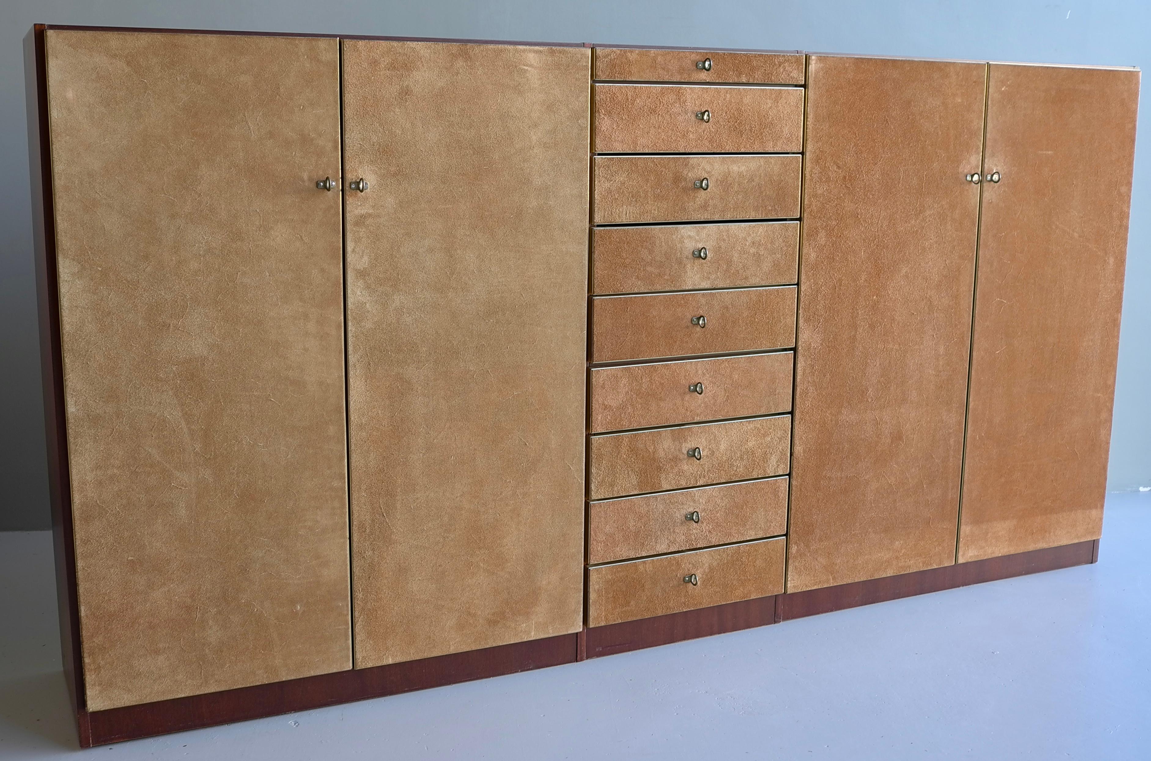 Large Suede and Meranti Highboard Cabinet with Brass Details, Italy 1970's 2