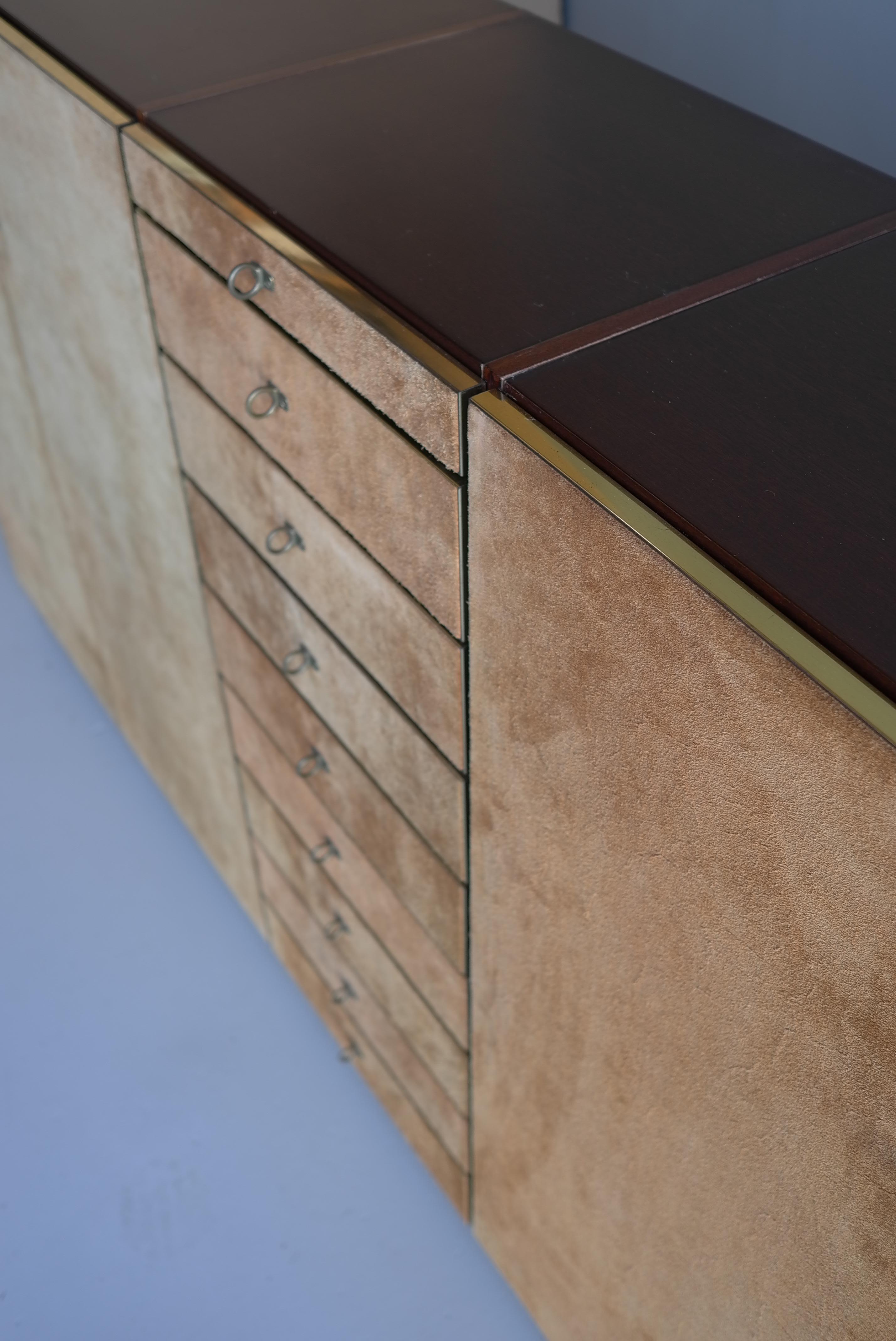 Large Suede and Meranti Highboard Cabinet with Brass Details, Italy 1970's 3