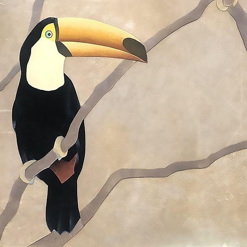 Large tropical suede wall art featuring 2 South American Toco Toucan perched on tree branches. The art is in its original Brass and black steel frame chosen by the artist.
Dimensions 48.5