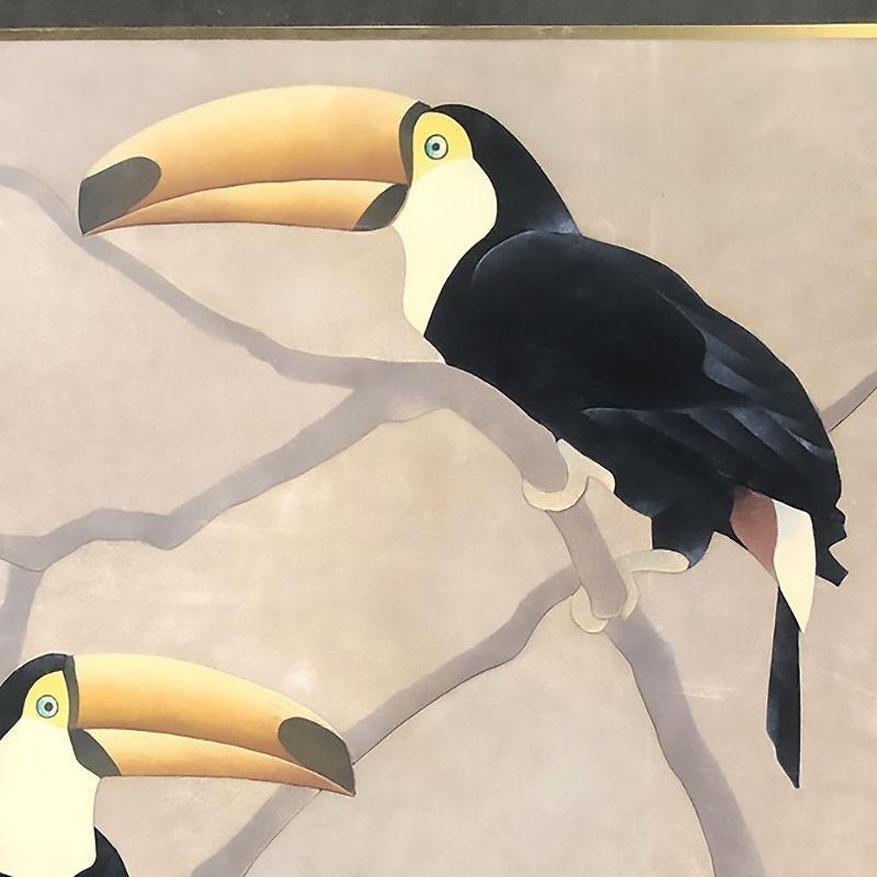 Large Suede Tropical Toucan Suede Wall Art, Signed In Excellent Condition For Sale In Van Nuys, CA