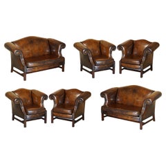 Vintage Large Suite of Fully Restored Hand Dyed Brown Leather Seating Sofa & Armchairs