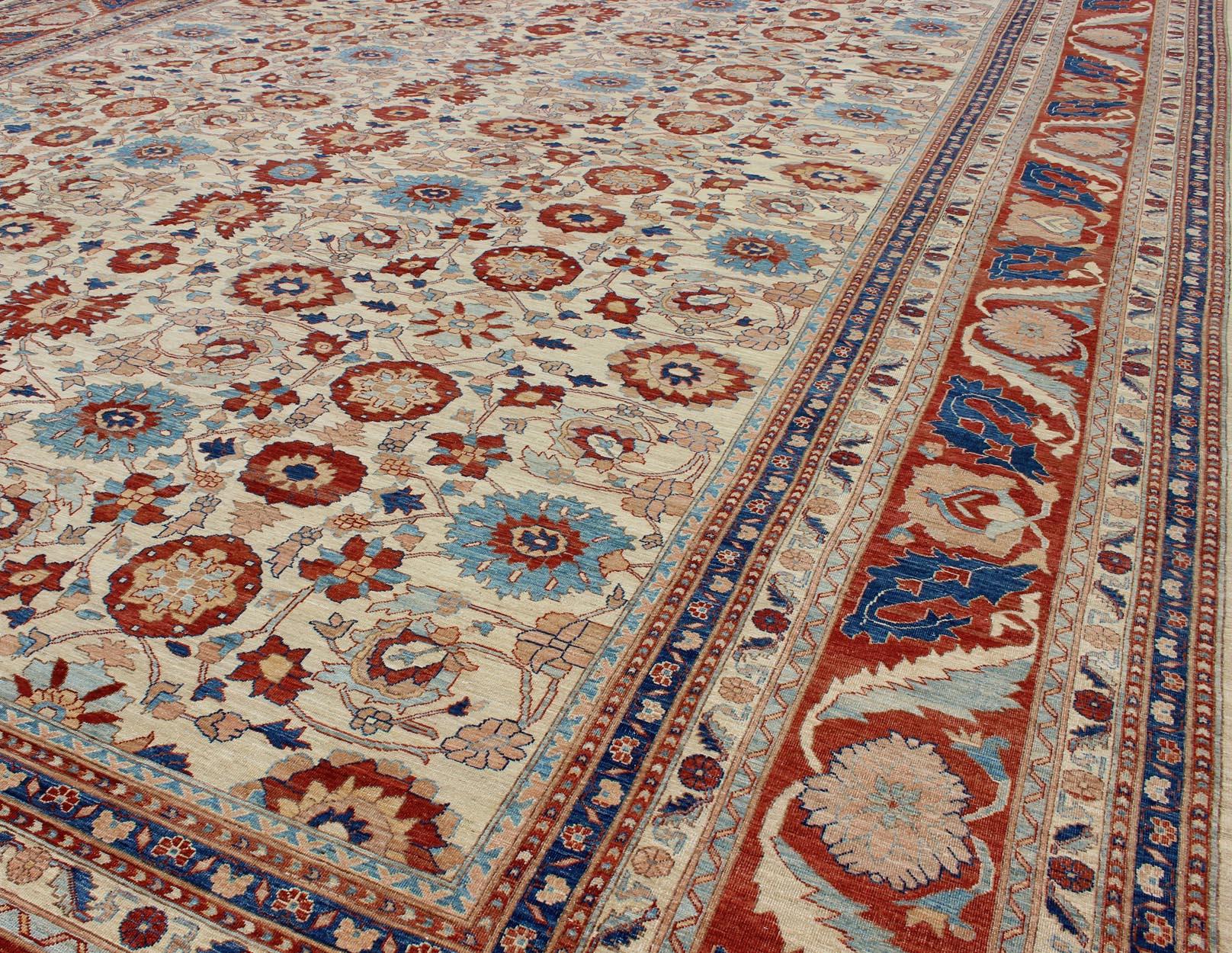 Großer Sultanabad Design-Teppich in Elfenbein mit Himmelblau und Ziegelrot 17'4 x 24'3 im Angebot 7