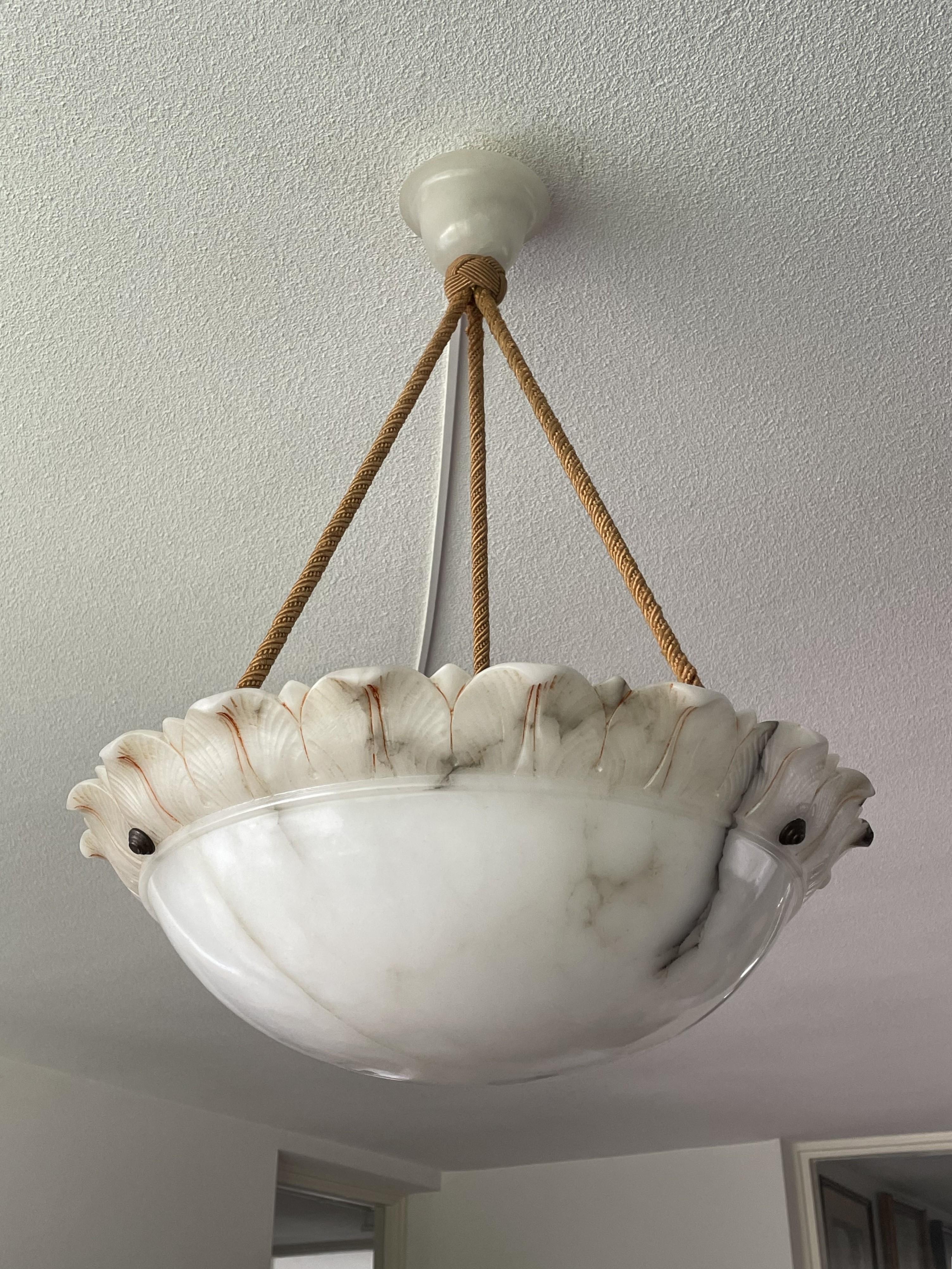 Large Sun Flower Design Alabaster Pendant Chandelier w. Matching Rope Chain 1910 3