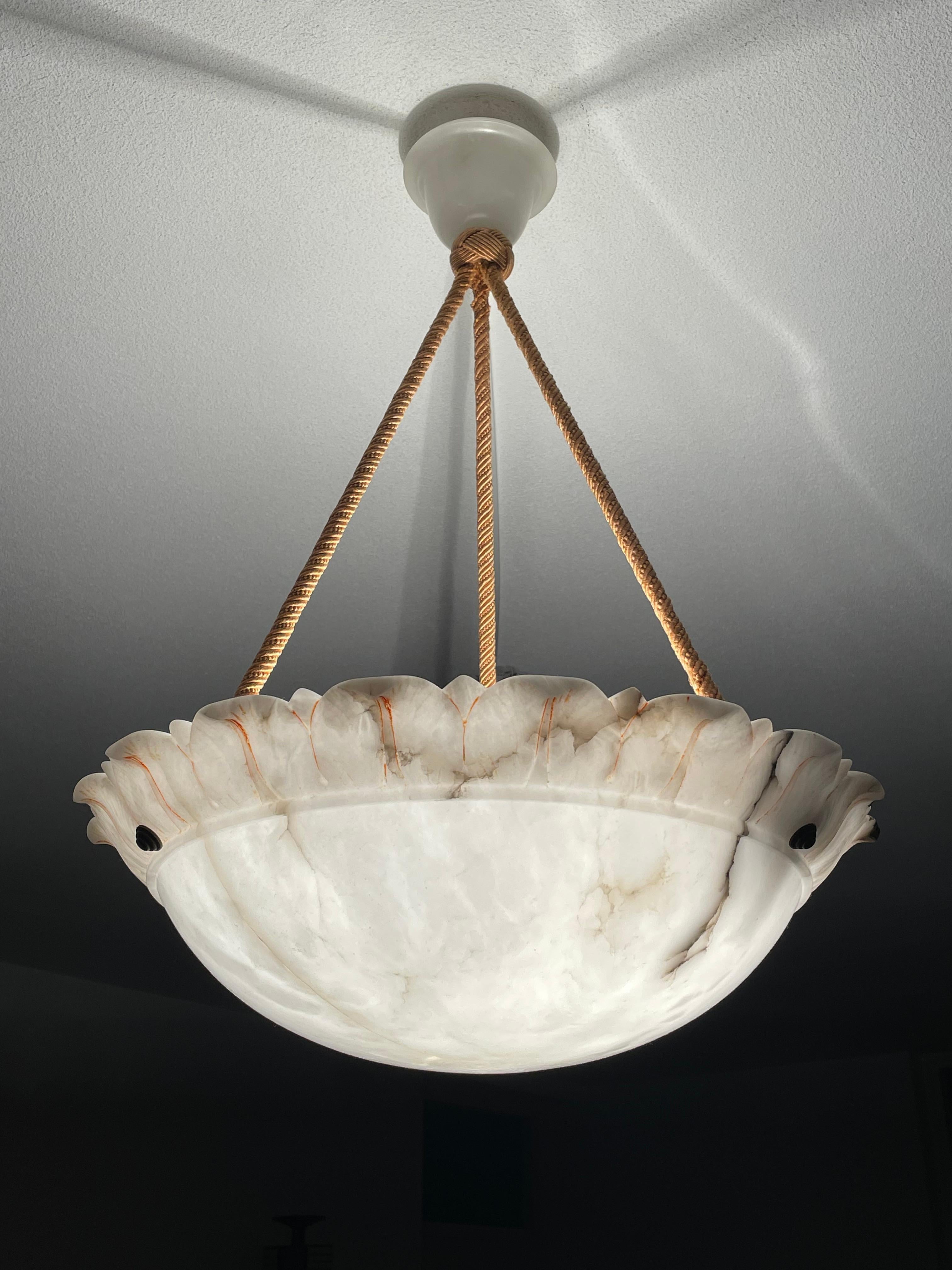 Large Sun Flower Design Alabaster Pendant Chandelier w. Matching Rope Chain 1910 4