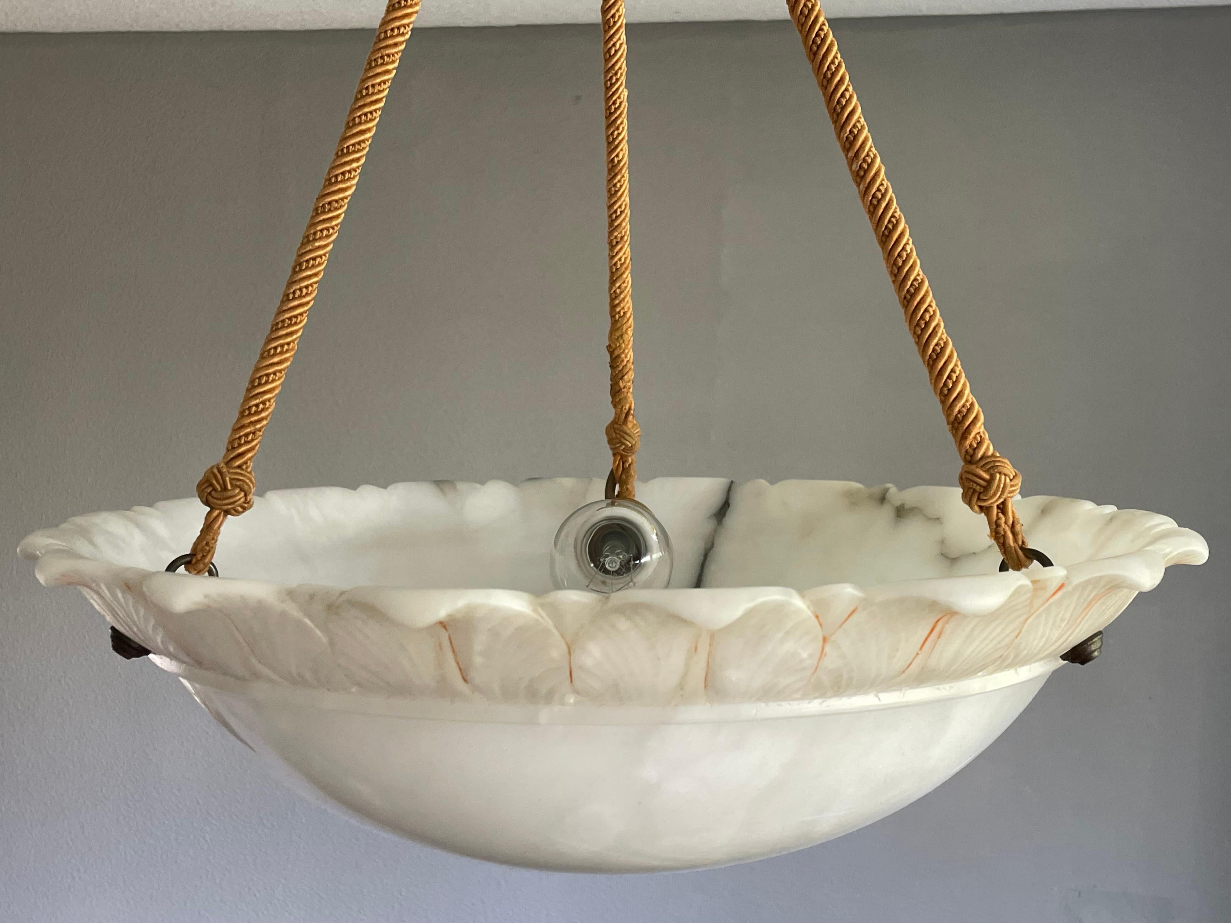 Large Sun Flower Design Alabaster Pendant Chandelier w. Matching Rope Chain 1910 8