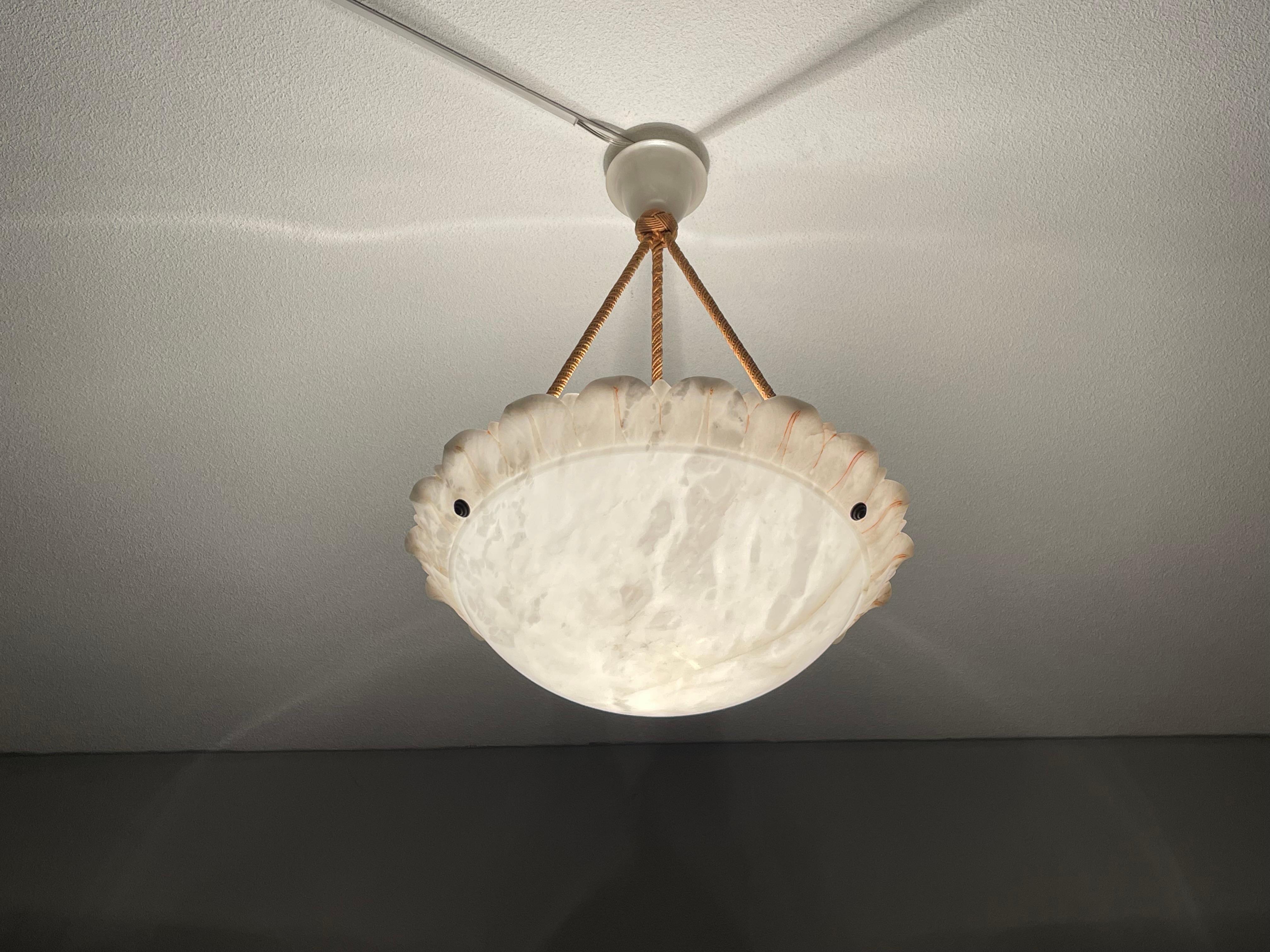 Large Sun Flower Design Alabaster Pendant Chandelier w. Matching Rope Chain 1910 9