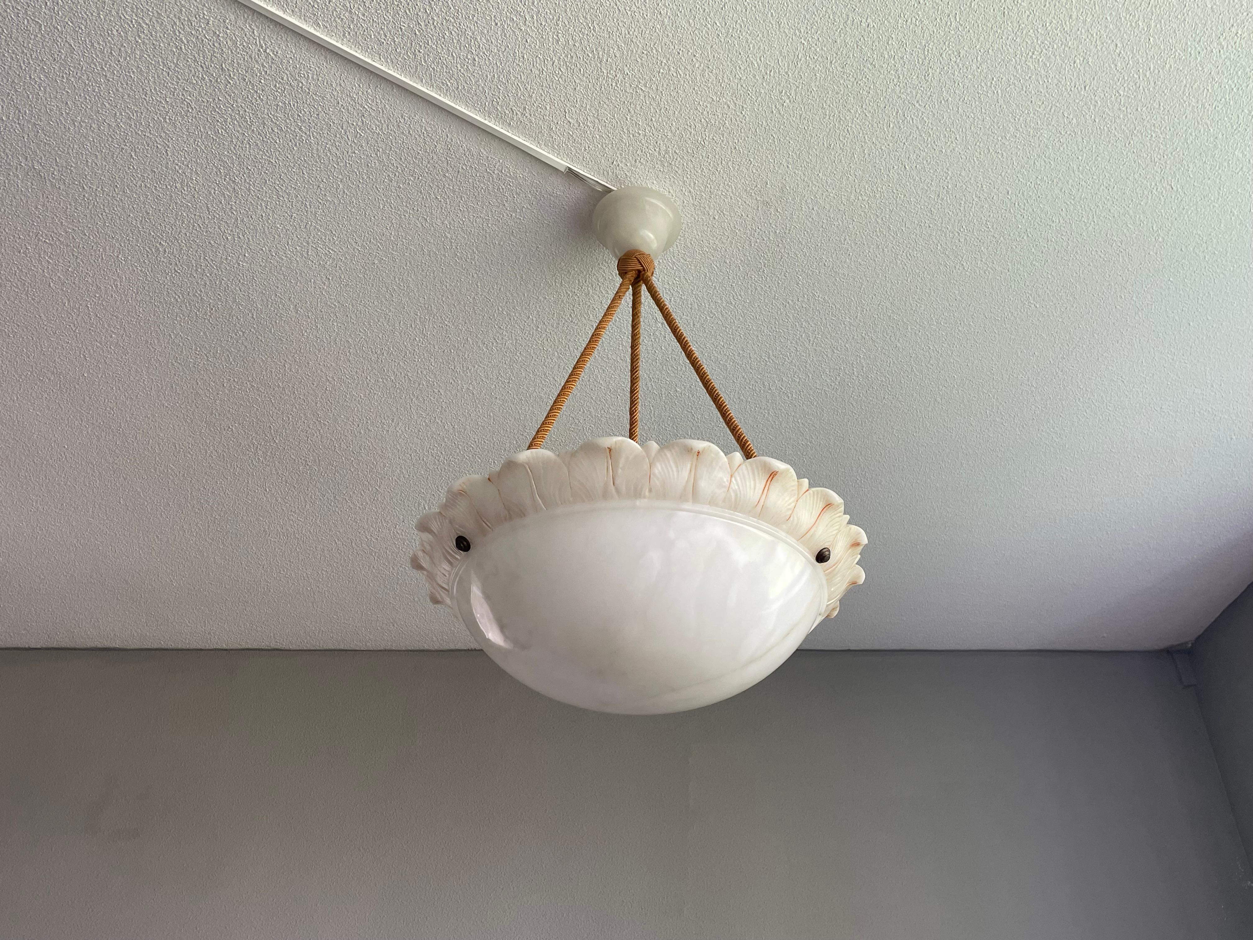 Large Sun Flower Design Alabaster Pendant Chandelier w. Matching Rope Chain 1910 10
