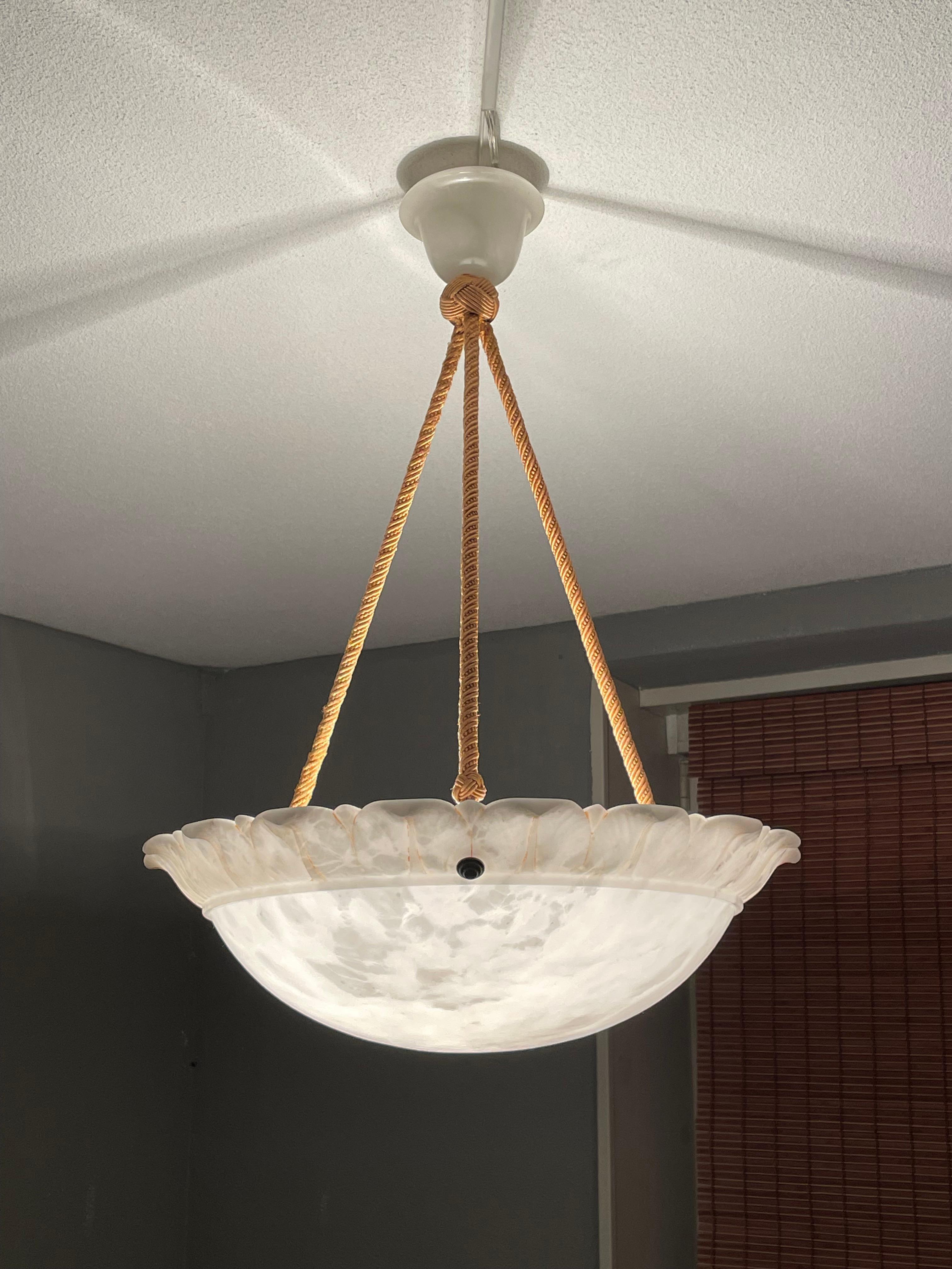 Large Sun Flower Design Alabaster Pendant Chandelier w. Matching Rope Chain 1910 11