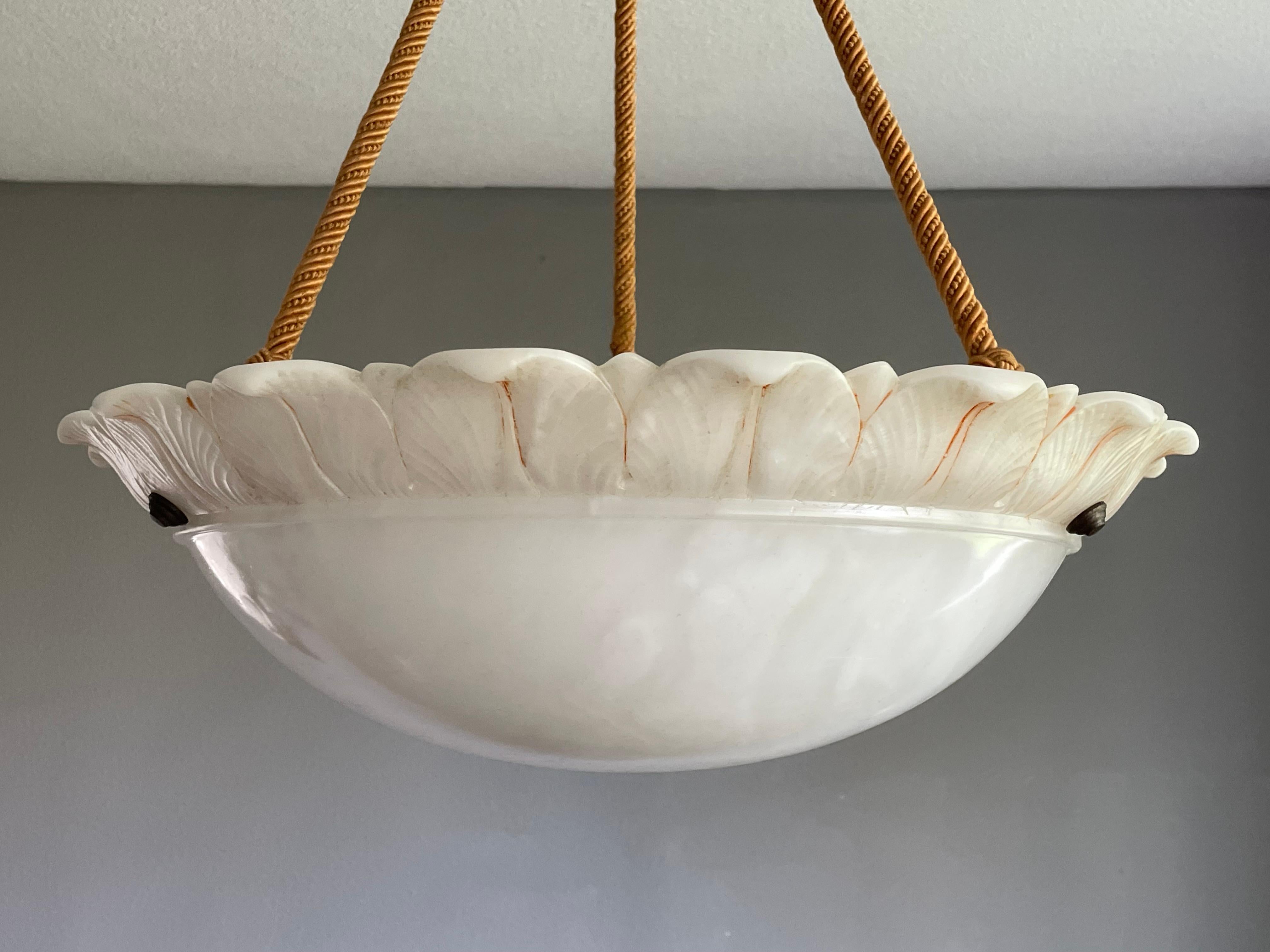 Arts and Crafts Large Sun Flower Design Alabaster Pendant Chandelier w. Matching Rope Chain 1910