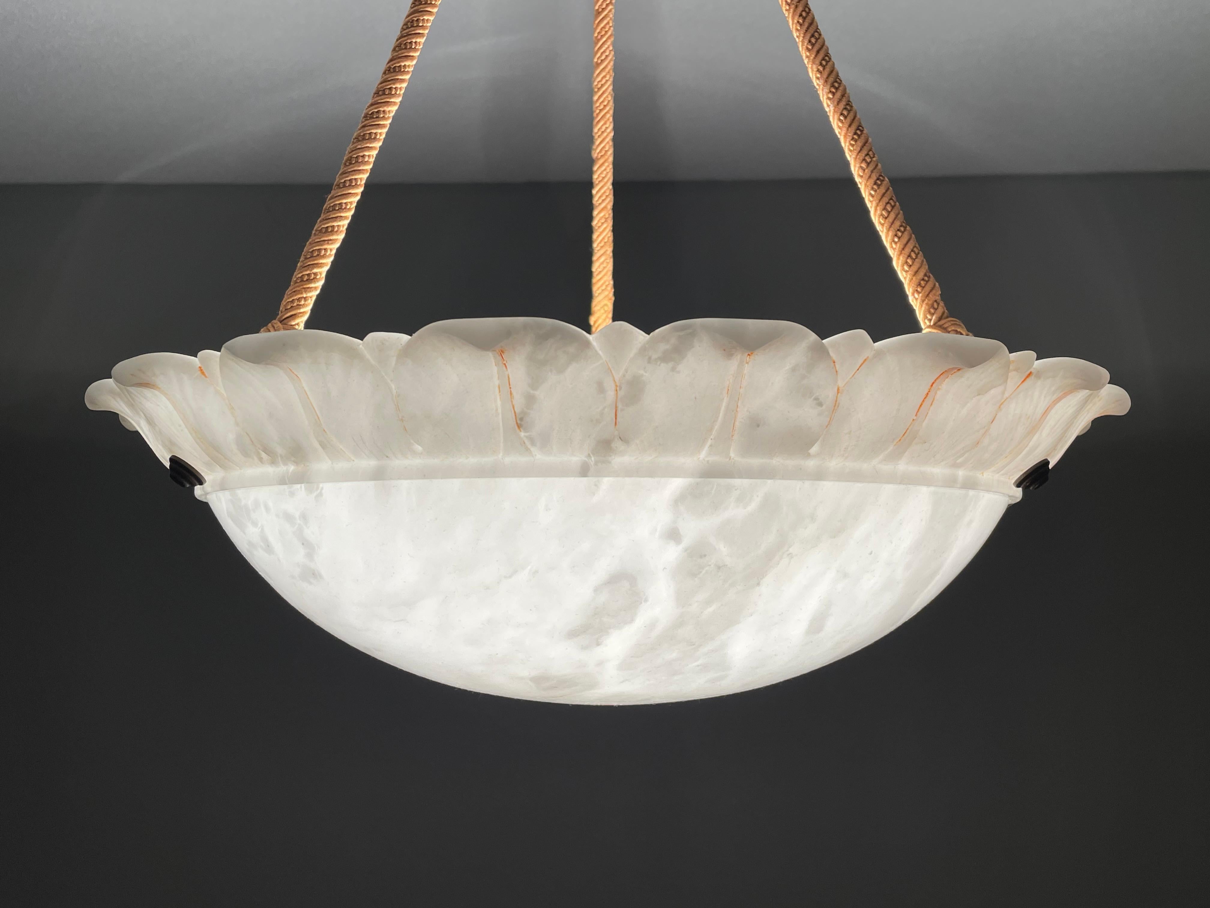 European Large Sun Flower Design Alabaster Pendant Chandelier w. Matching Rope Chain 1910