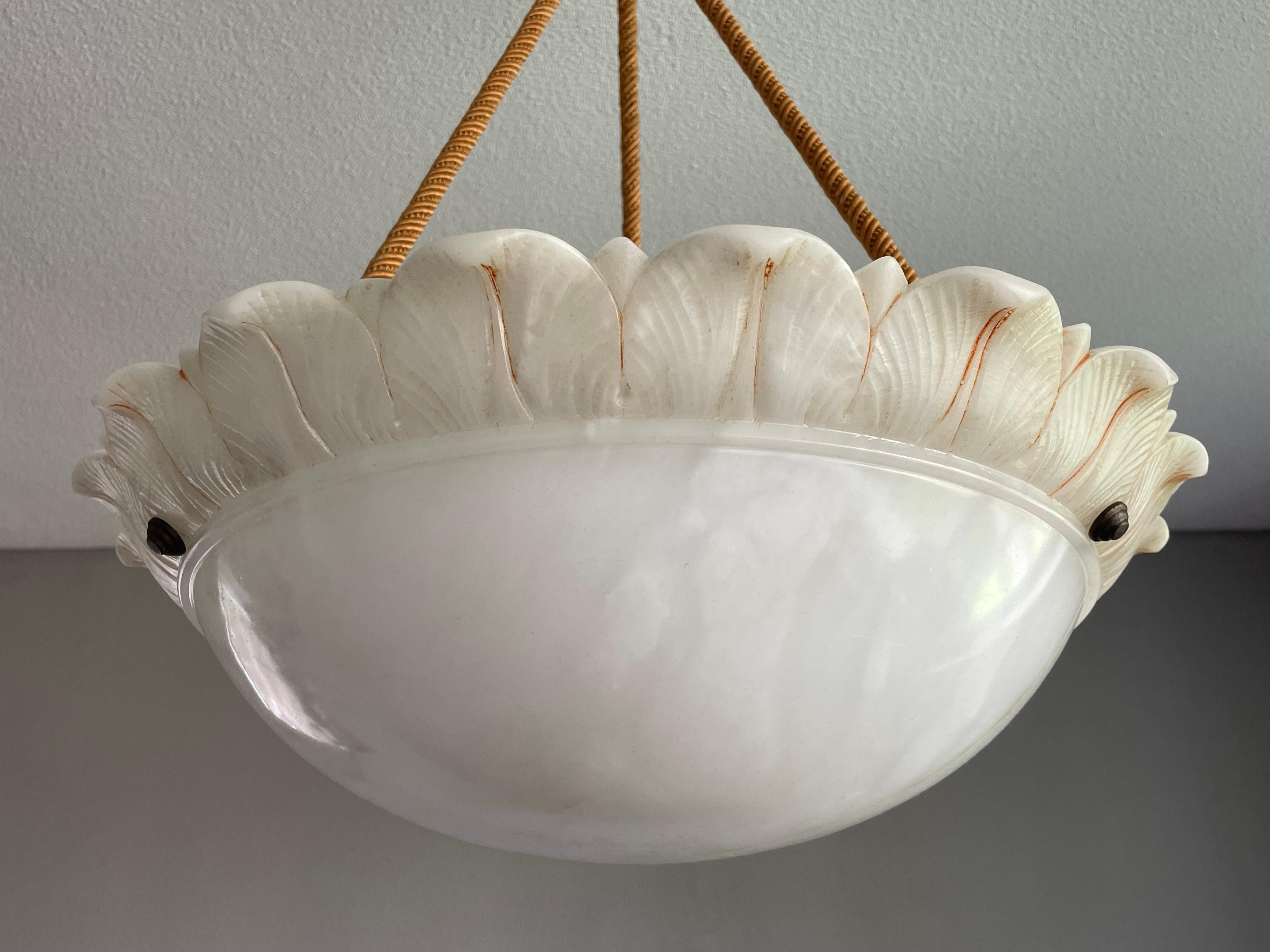 Polished Large Sun Flower Design Alabaster Pendant Chandelier w. Matching Rope Chain 1910