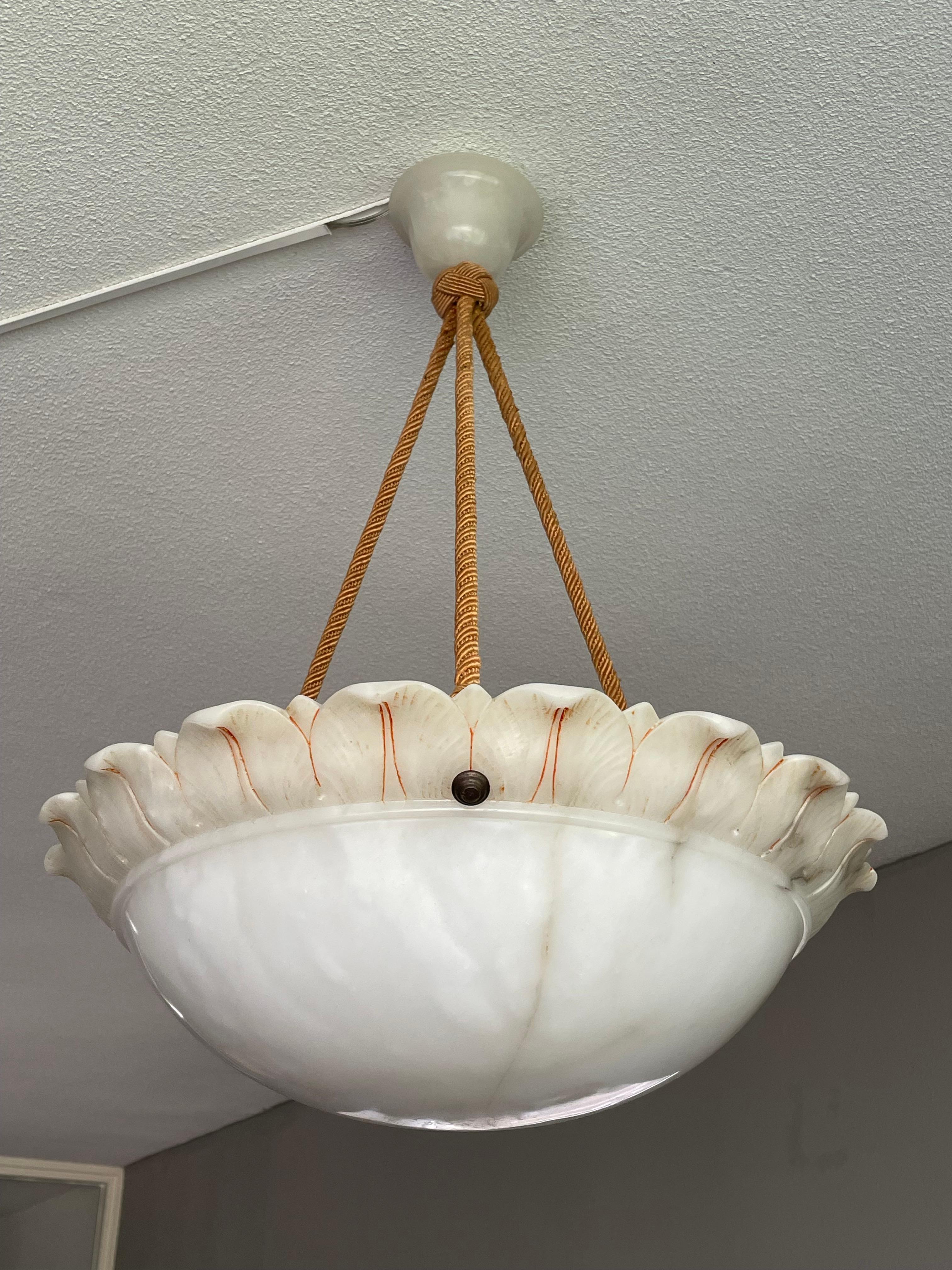20th Century Large Sun Flower Design Alabaster Pendant Chandelier w. Matching Rope Chain 1910