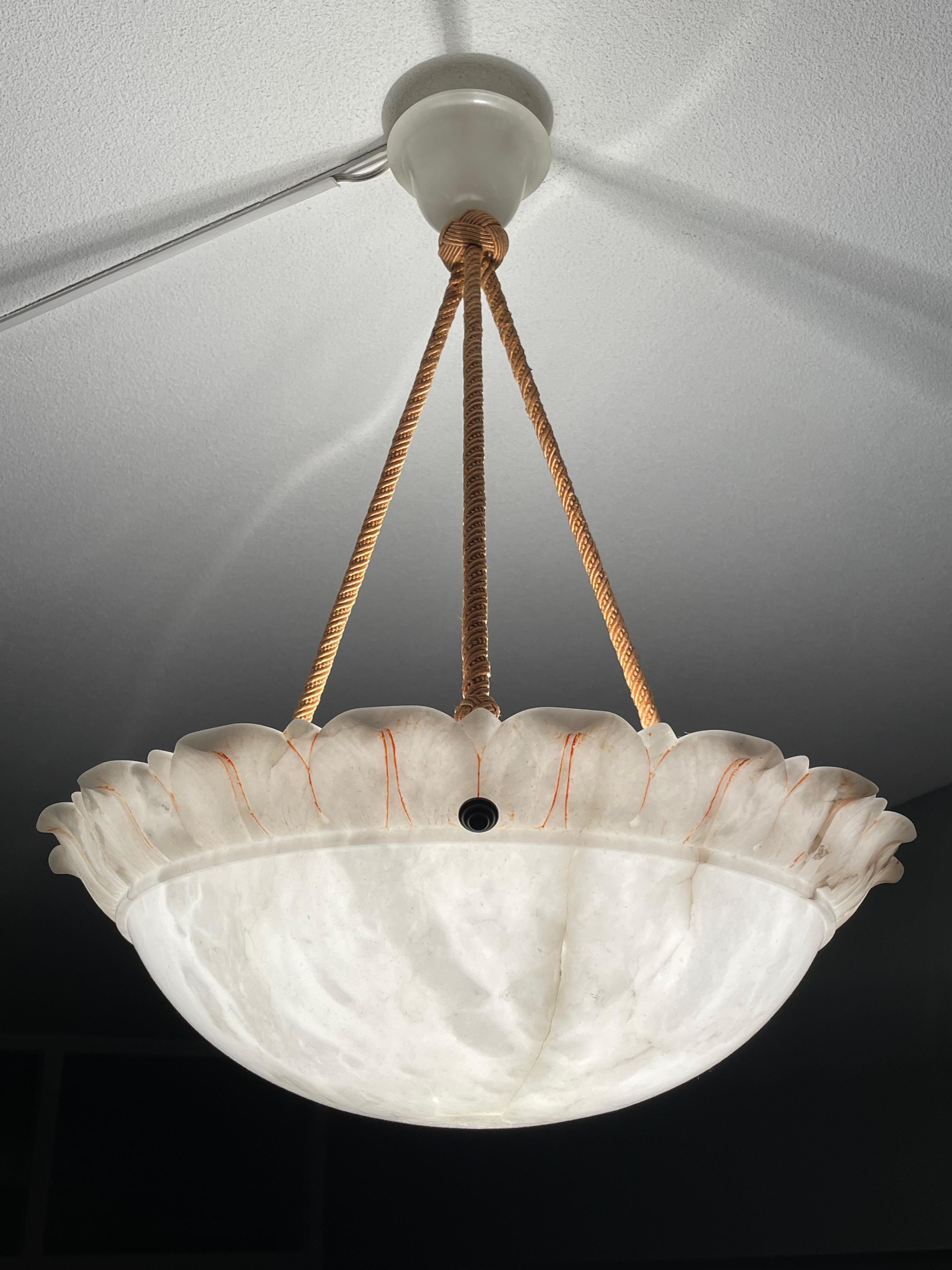 Metal Large Sun Flower Design Alabaster Pendant Chandelier w. Matching Rope Chain 1910