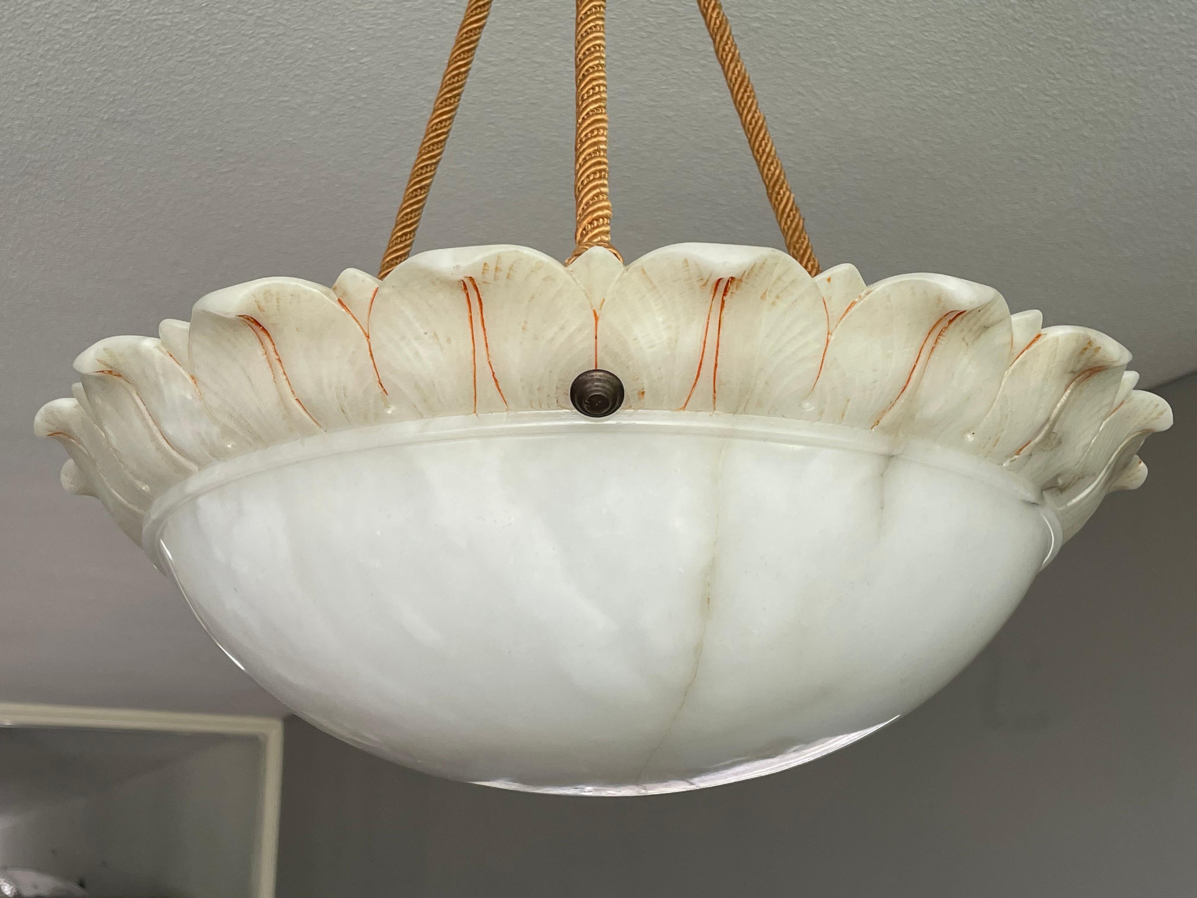 Large Sun Flower Design Alabaster Pendant Chandelier w. Matching Rope Chain 1910 1