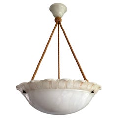 Large Sun Flower Design Alabaster Pendant Chandelier w. Matching Rope Chain 1910