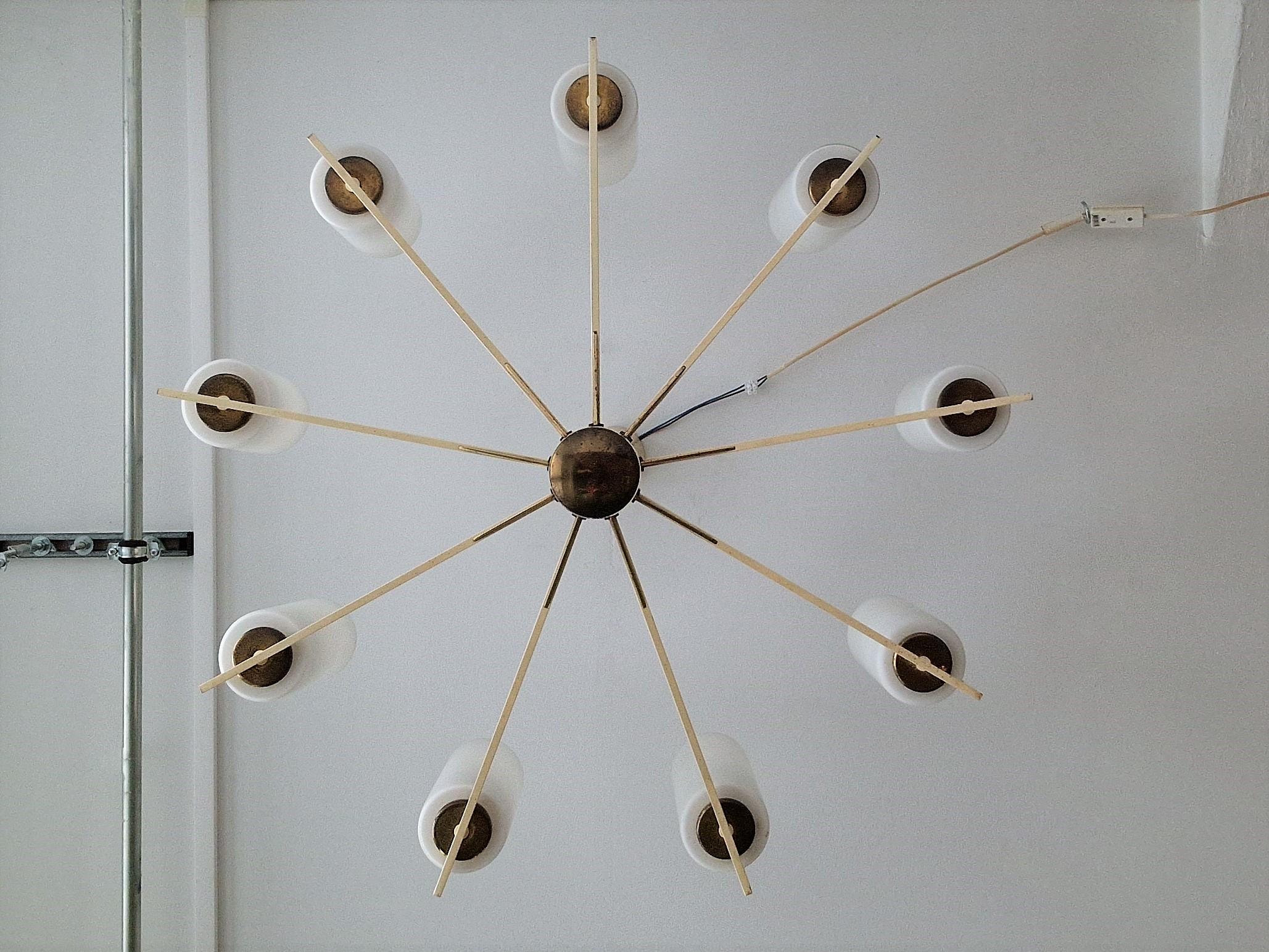 Large Sunburst Brass and Opaline Glass Chandelier, Germany, 1950's In Good Condition In Steenwijk, NL