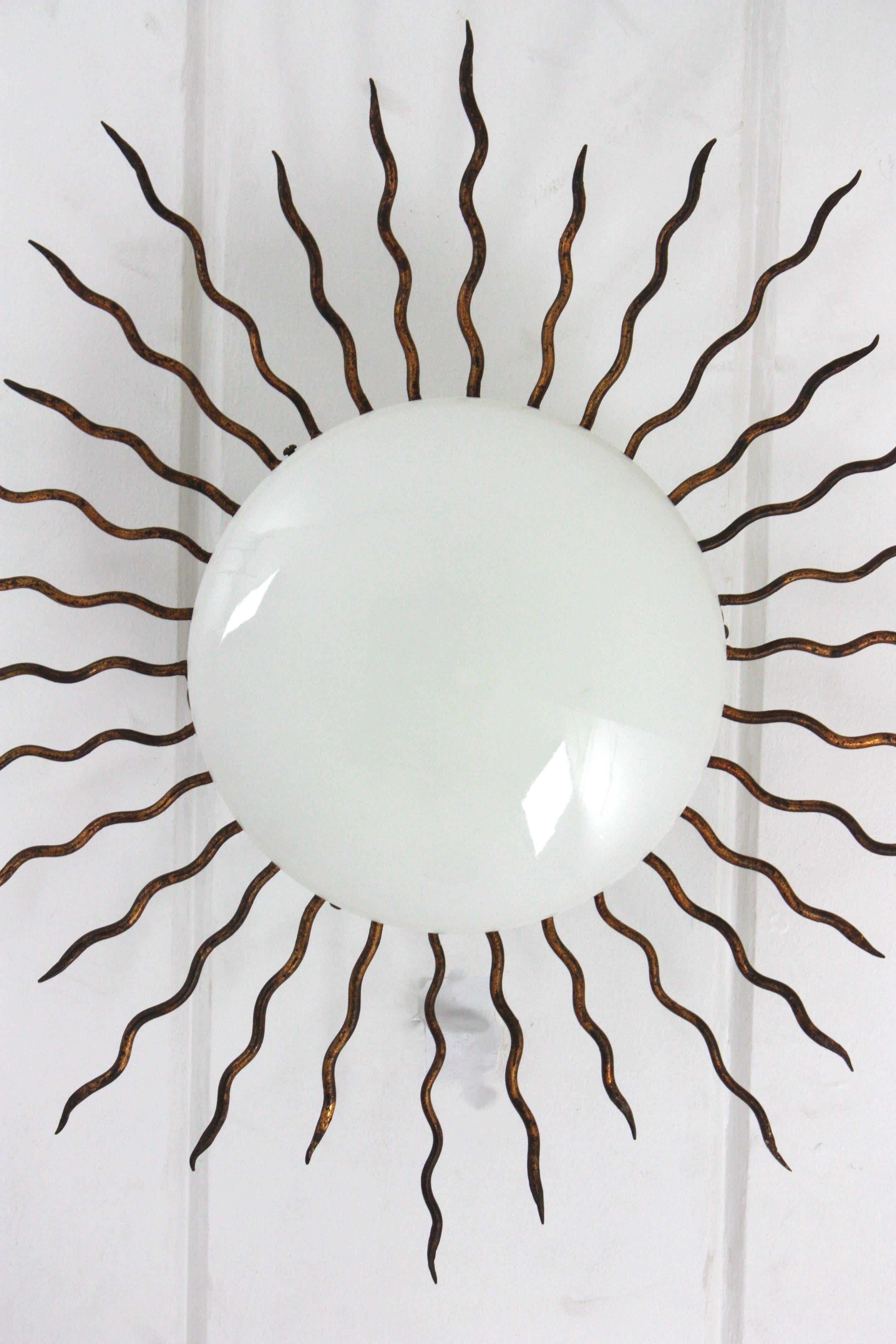 Plafón Sunburst grande de hierro dorado y cristal de leche en venta 5