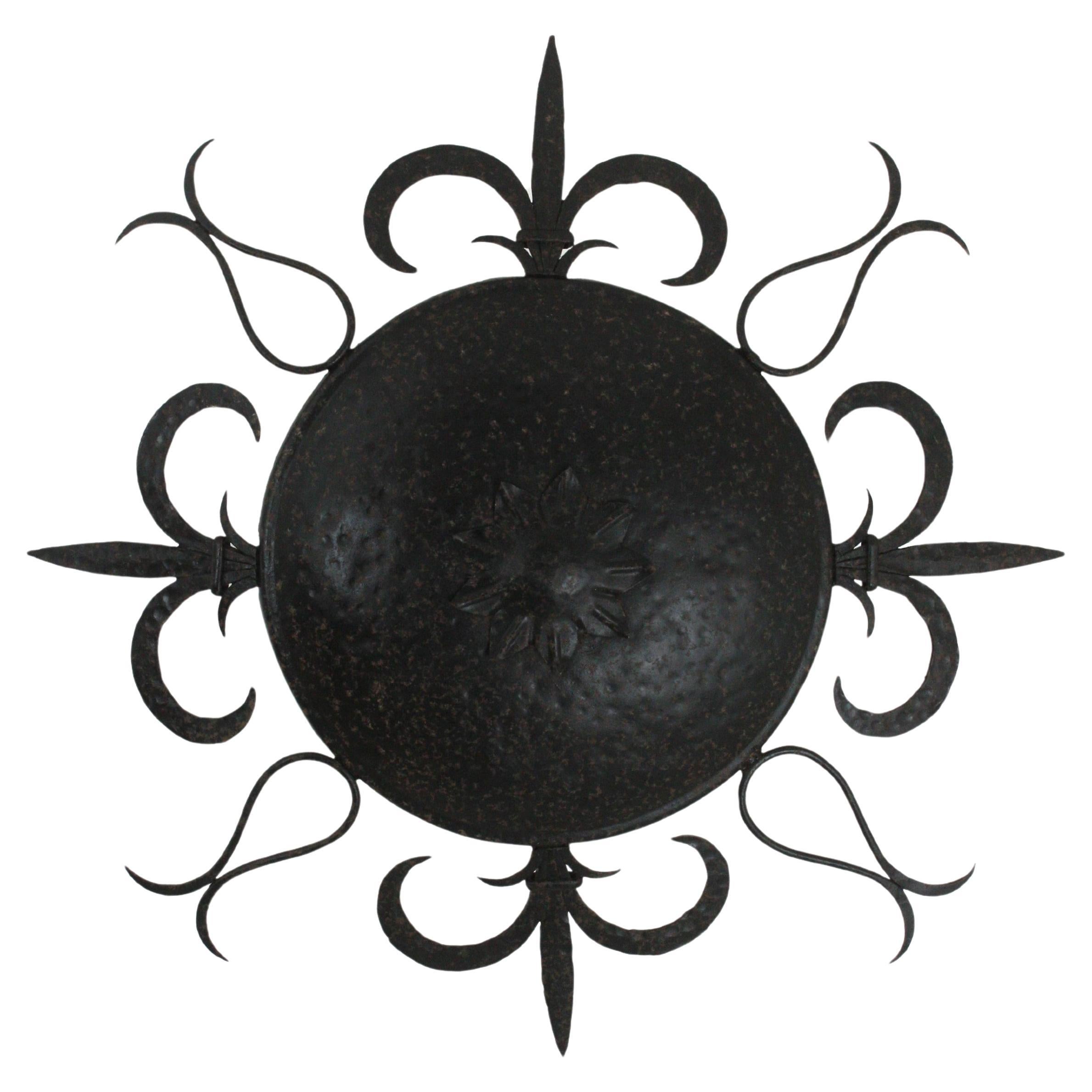 Large Sunburst Ceiling Light Fixture in Wrought Iron, Fleur de Lys Motifs, 1940s