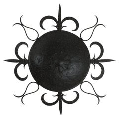 Large Sunburst Ceiling Light Fixture in Wrought Iron, Fleur de Lys Motifs, 1940s