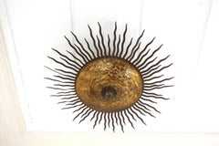 Large Sunburst Chandelier Light Fixture with Curly Rays in Gilt Iron