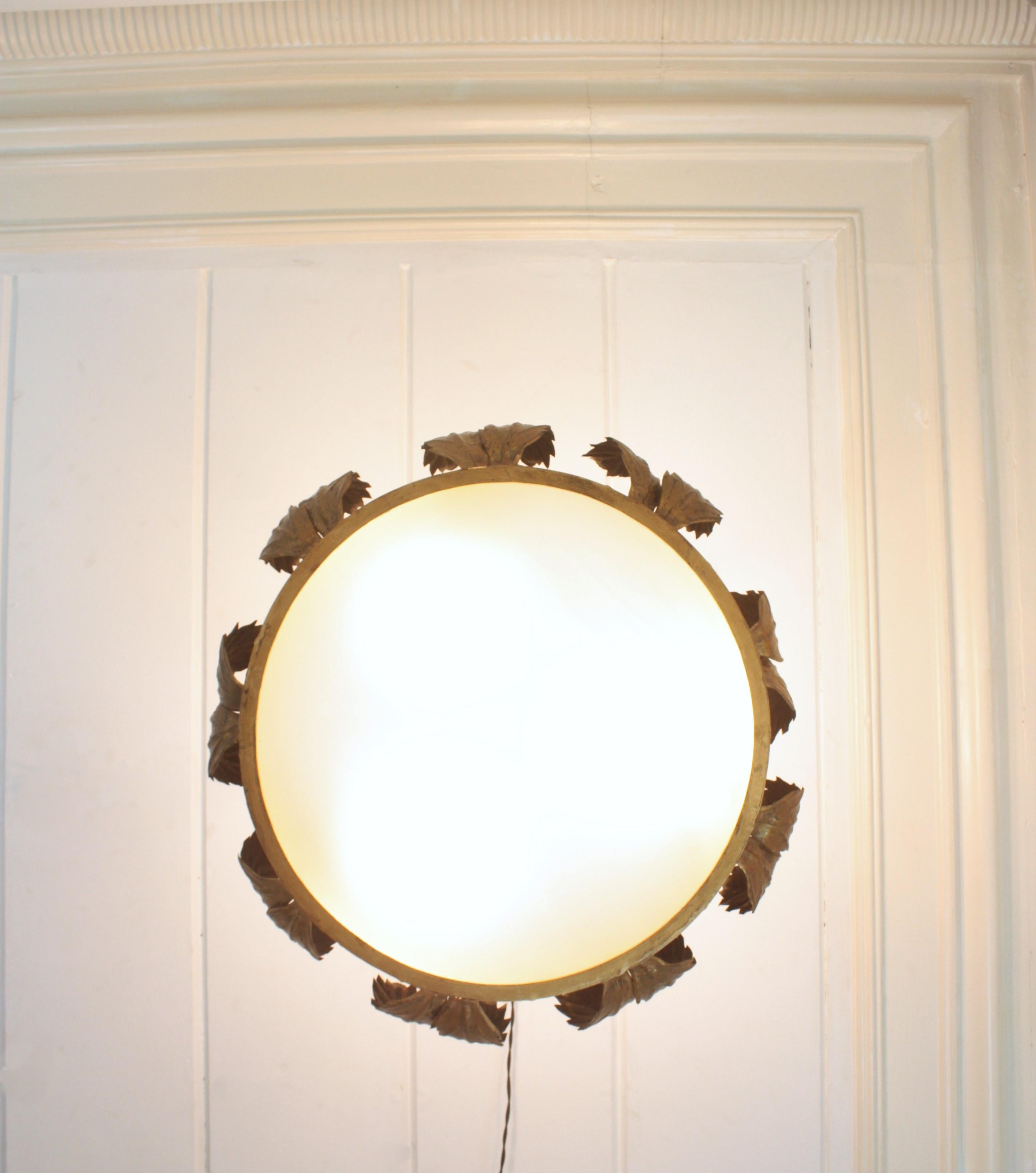 Large Sunburst Crown Chandelier Flush Mount with Leaves Detail, Gilt Metal For Sale 3