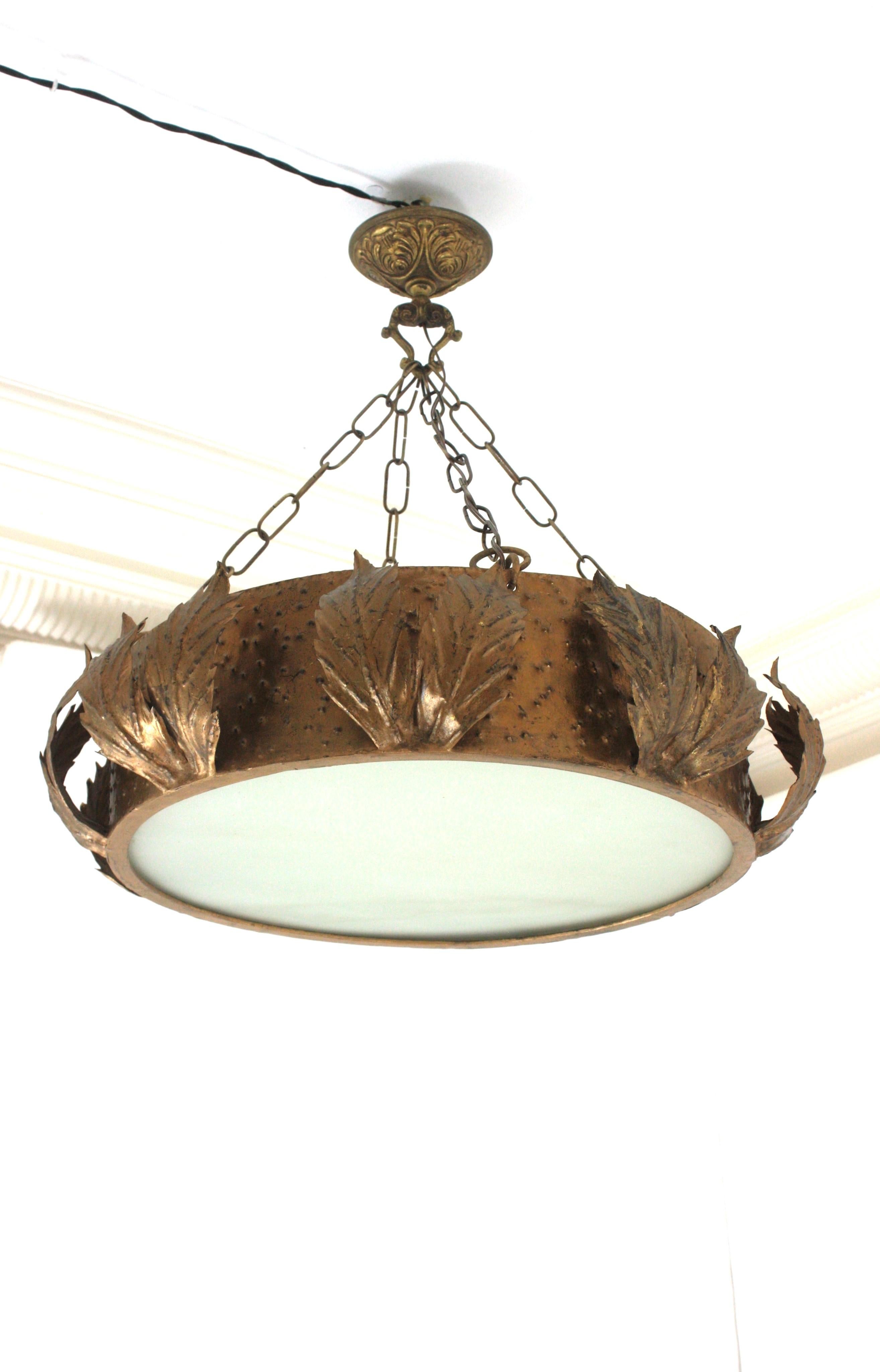 Large Sunburst Crown Chandelier Flush Mount with Leaves Detail, Gilt Metal For Sale 4