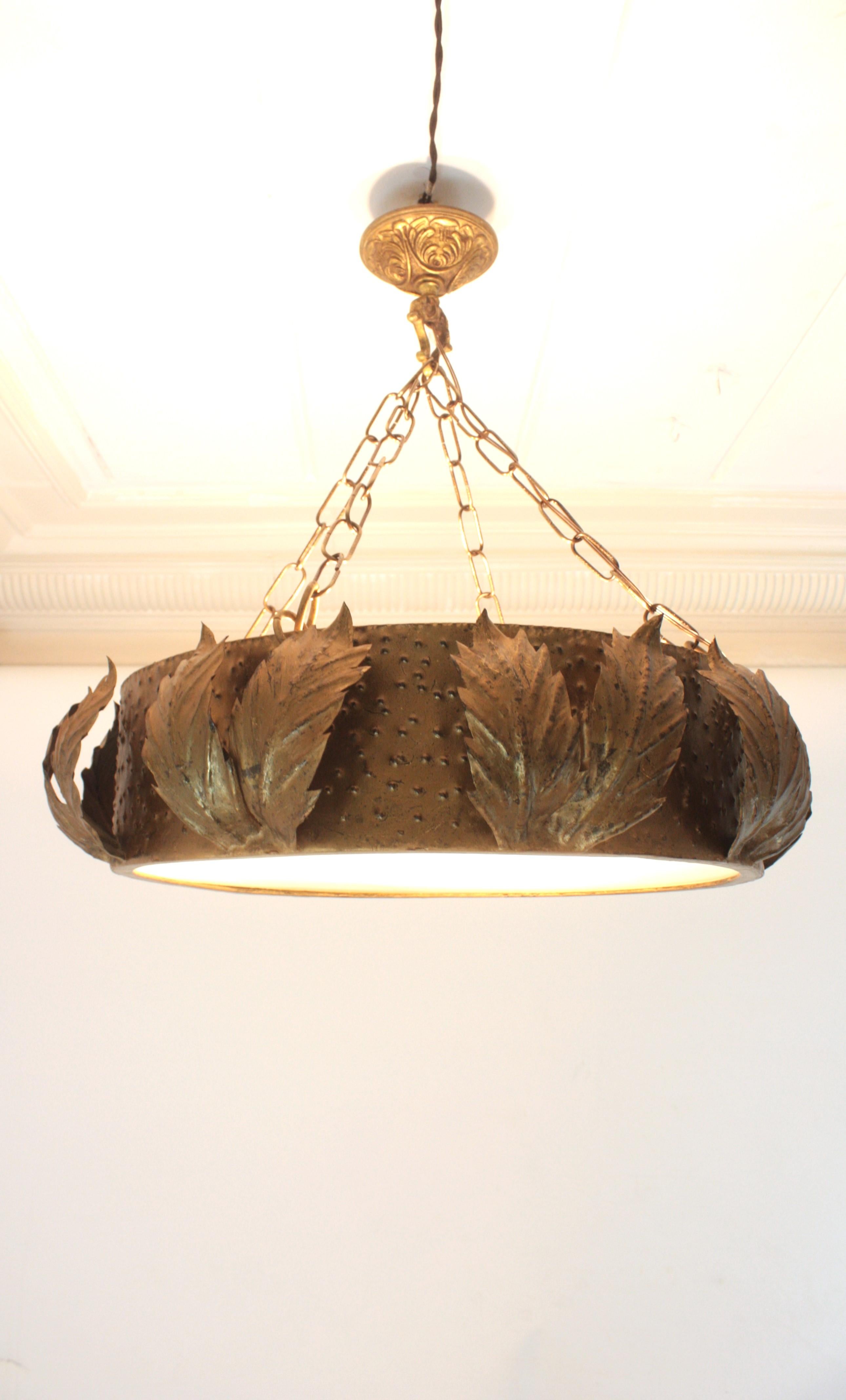 Large Sunburst Crown Chandelier Flush Mount with Leaves Detail, Gilt Metal For Sale 5