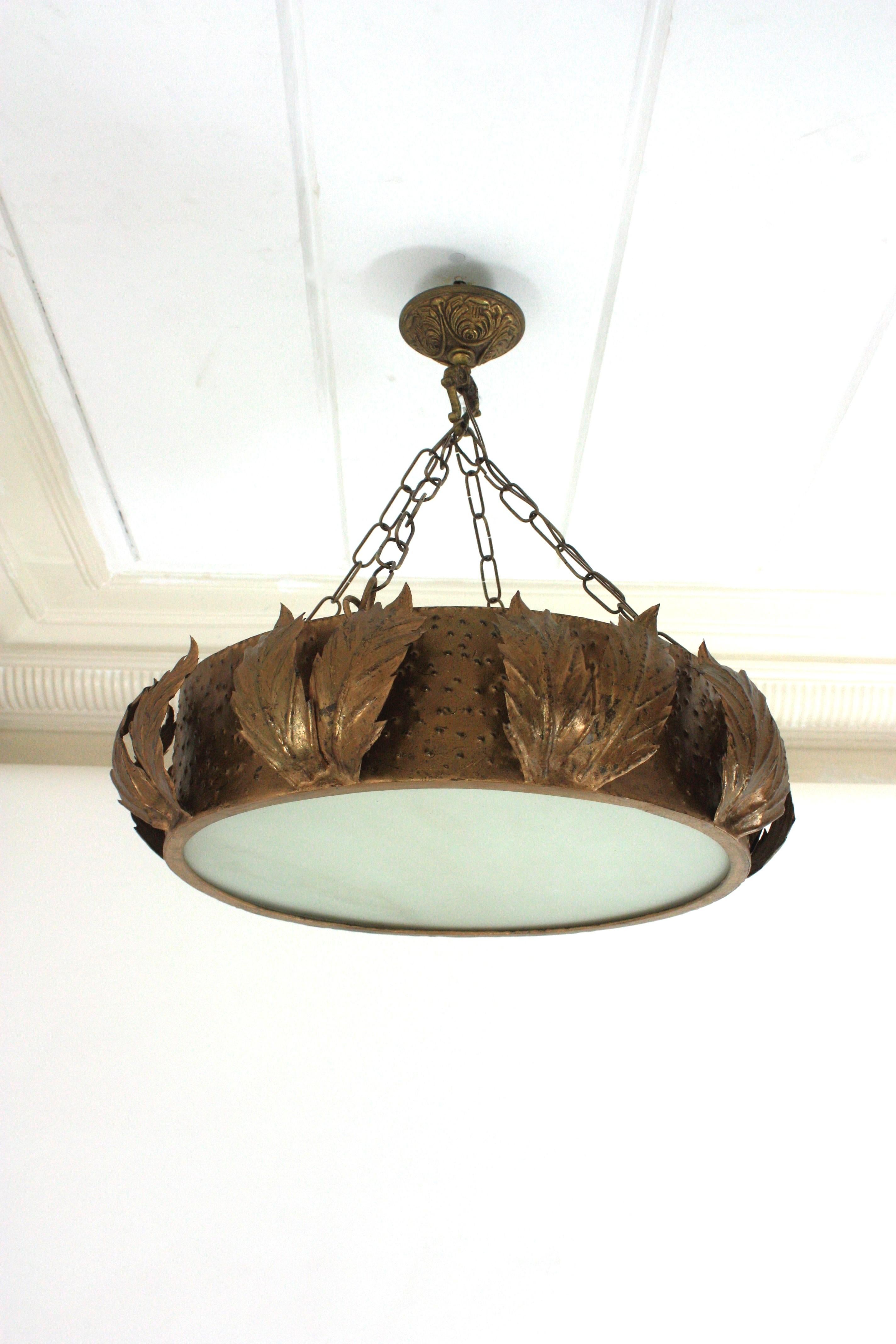Large Sunburst Crown Chandelier Flush Mount with Leaves Detail, Gilt Metal For Sale 6