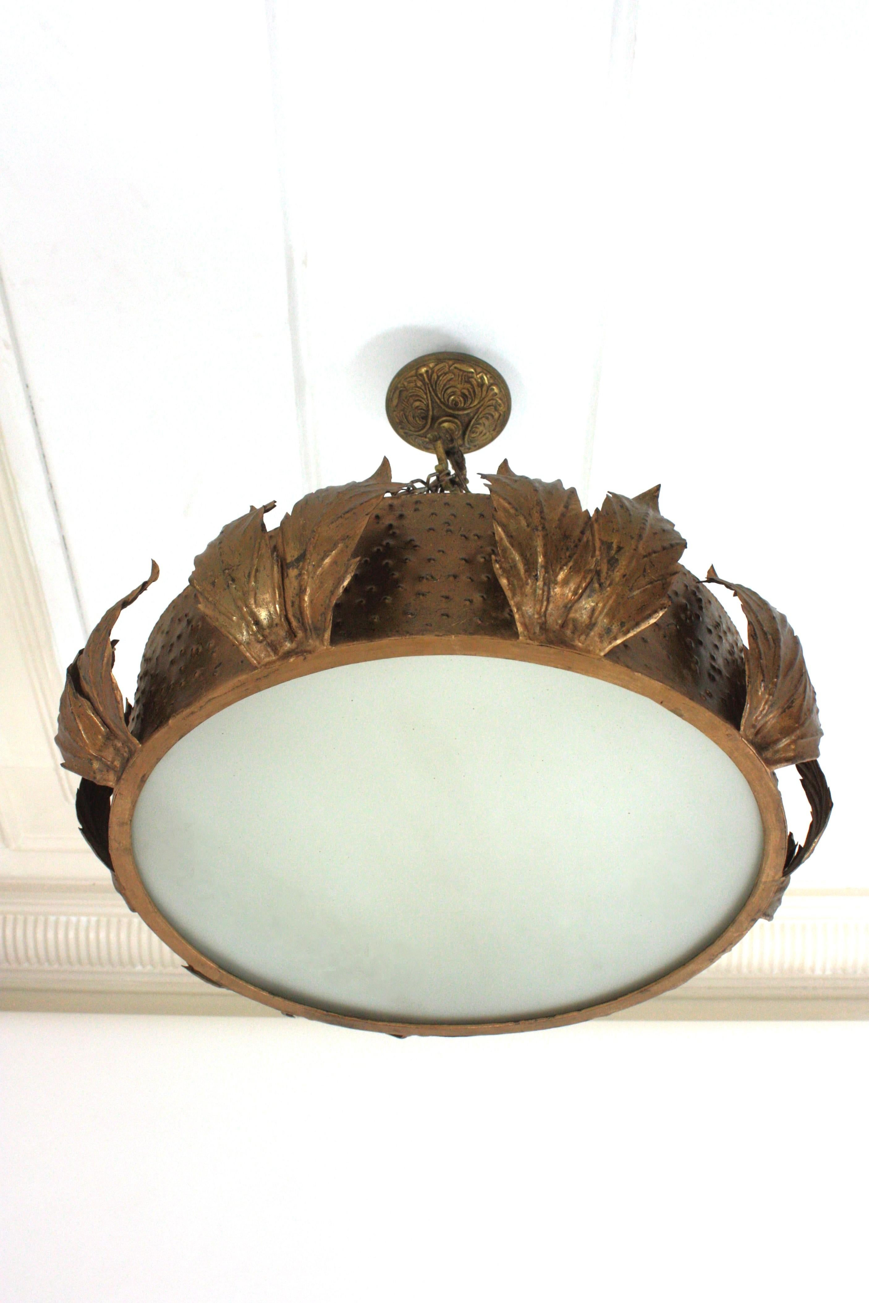 Large Sunburst Crown Chandelier Flush Mount with Leaves Detail, Gilt Metal For Sale 7