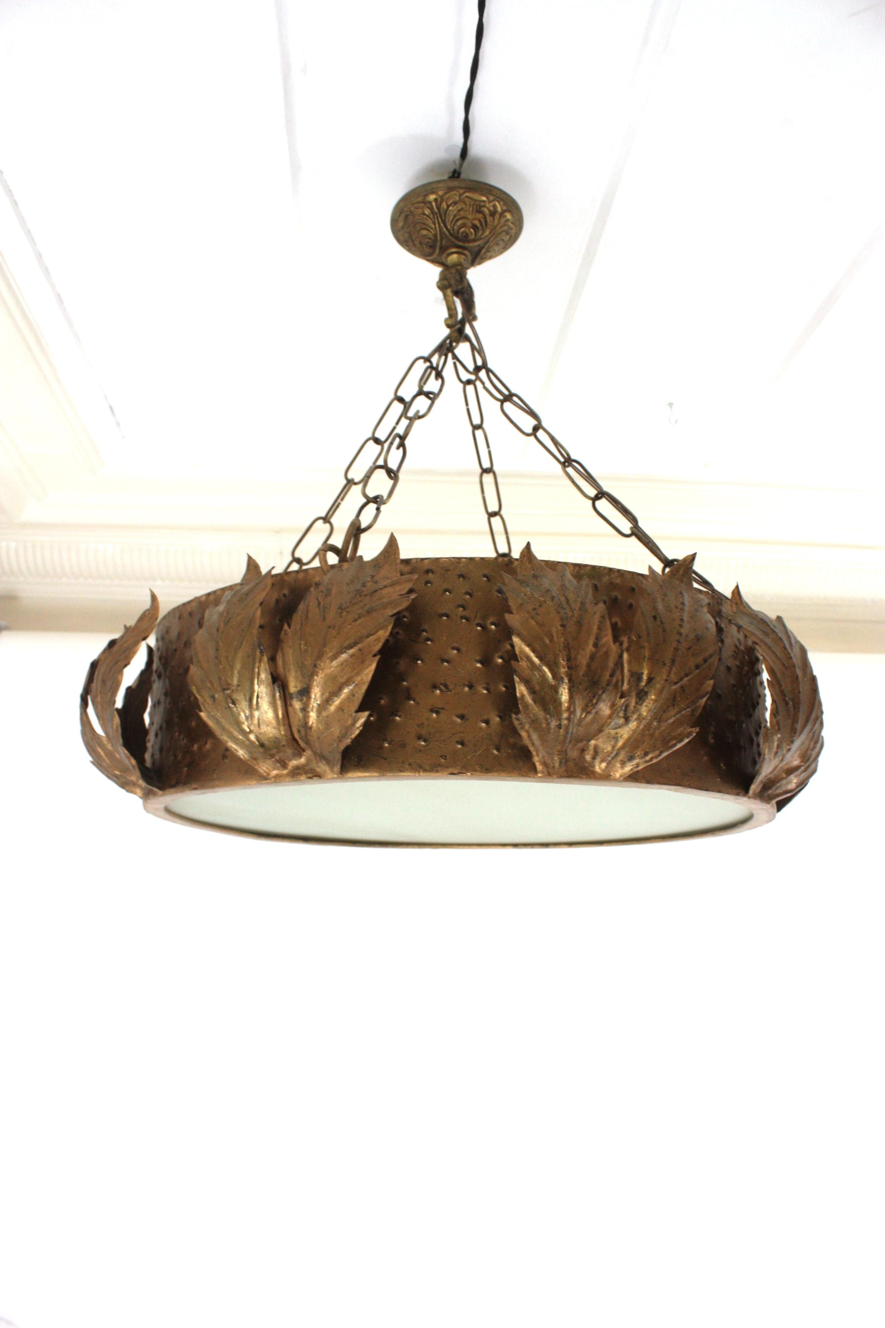 Large Sunburst Crown Chandelier Flush Mount with Leaves Detail, Gilt Metal For Sale 8