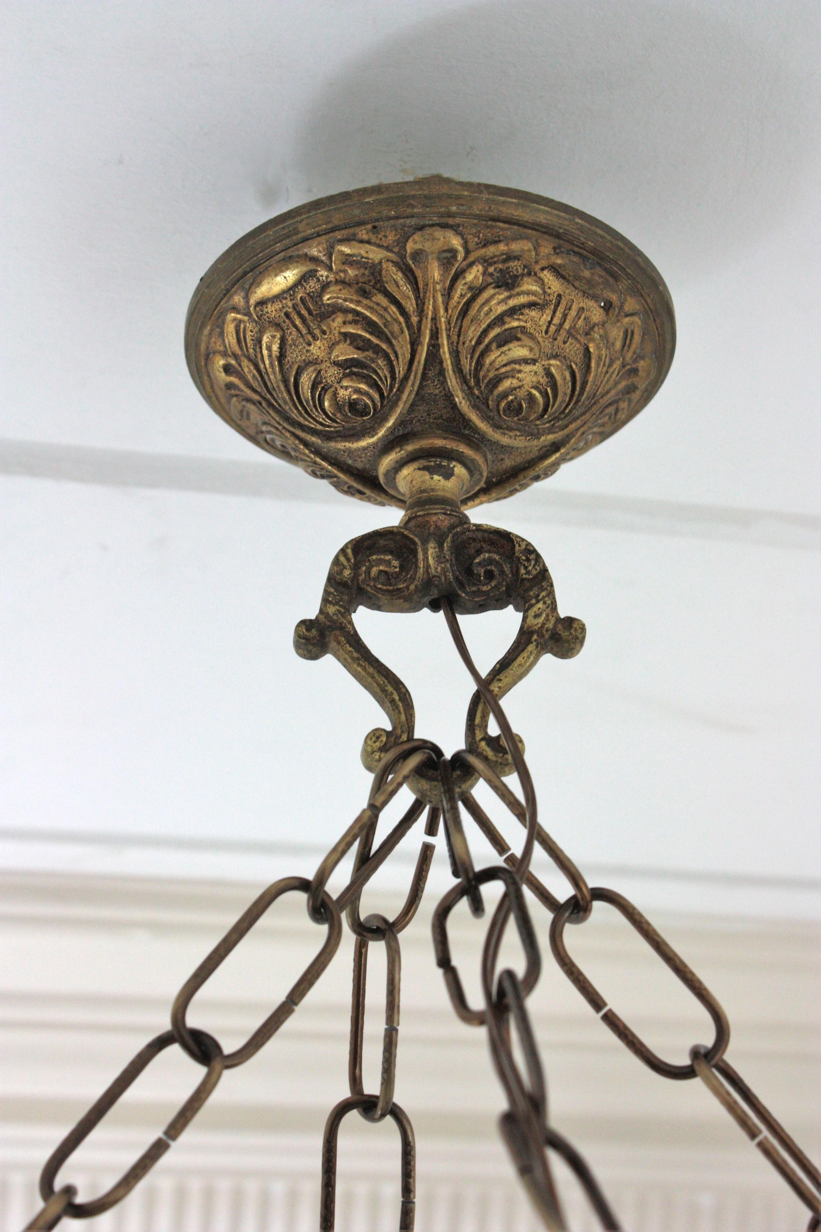 Large Sunburst Crown Chandelier Flush Mount with Leaves Detail, Gilt Metal For Sale 11